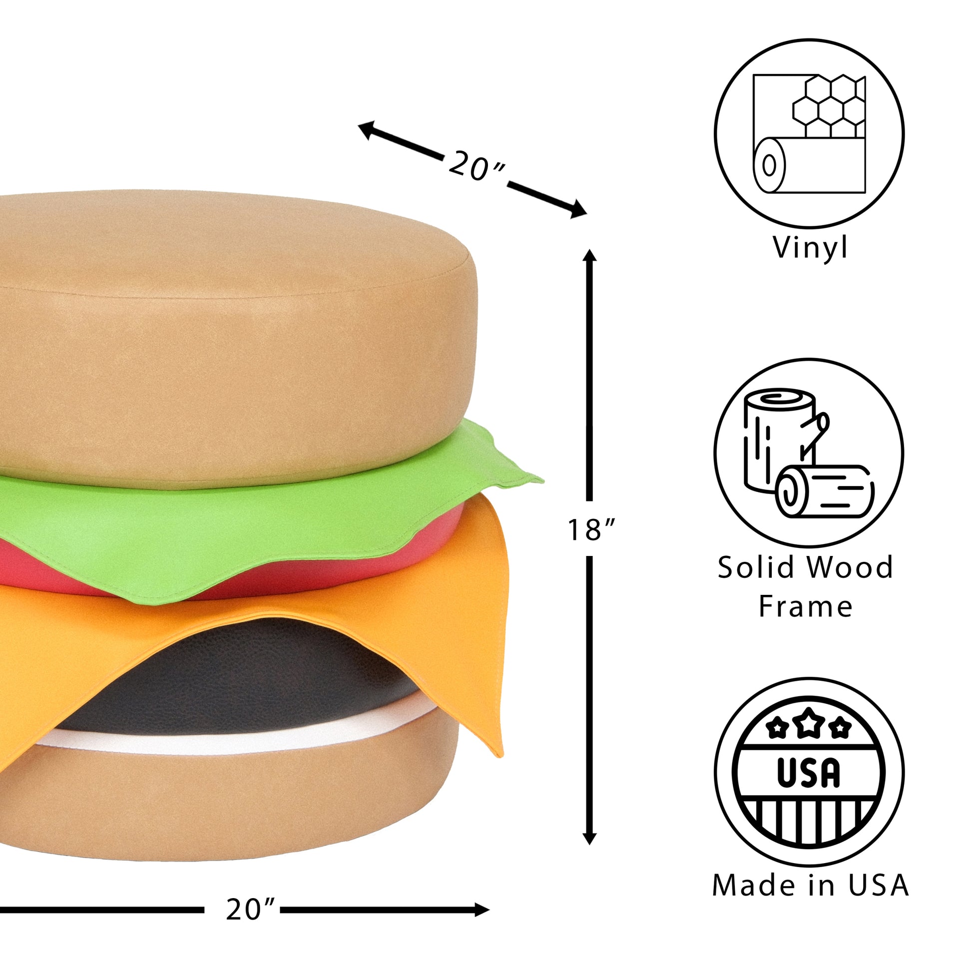 Multi Color Faux Leather Cheeseburger Ottoman, Modern Round Ottoman For Living Room, Bedroom And Apartment With Solid Wood Frame Multi Wood Foam Vinyl