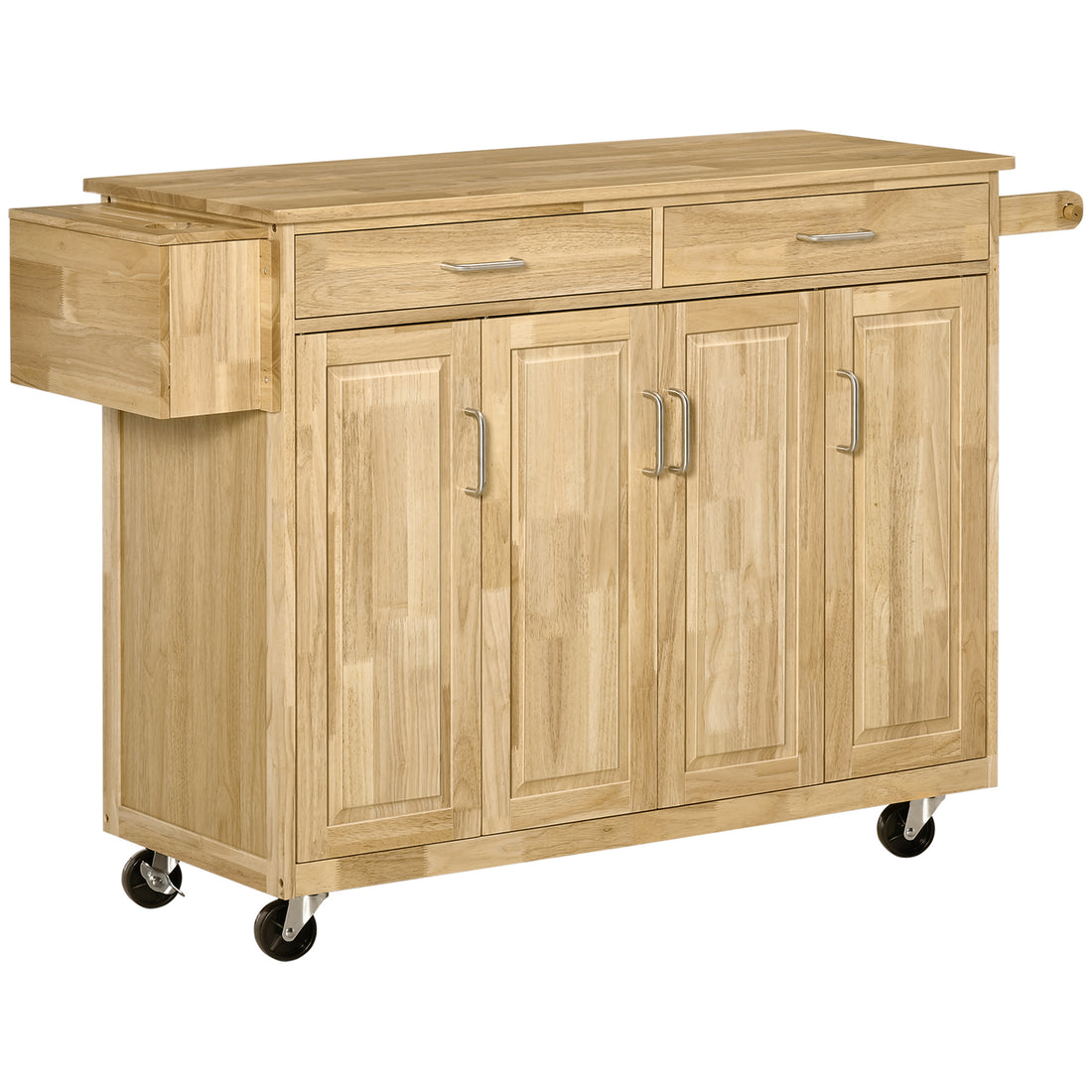 Kitchen Island On Wheels, Natural Hardwood Kitchen Cart With Drawers, Storage Cabinets, And Tool Caddy, Microwave Cart For Dining Room, 54 Inches Wide Natural Wood Rubber Wood