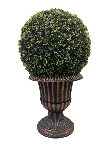 24" Ball Topiary In Bronze Pedestal Pot, Artificial Faux Plant For Indoor And Outdoor Green Plastic