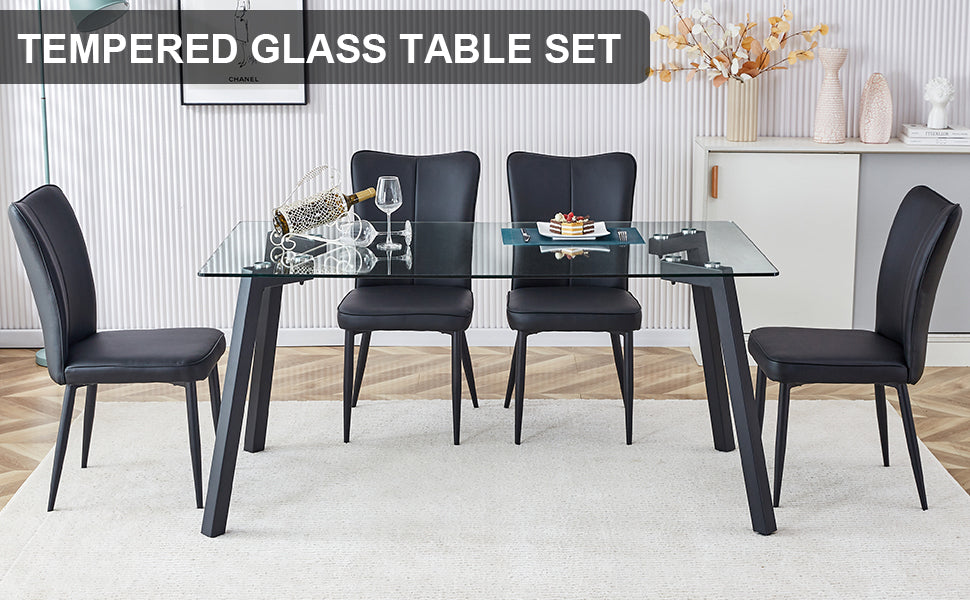 Table And Chair Set. 1 Table And 6 Black Chairs. Glass Dining Table With 0.31 Inch Tempered Glass Tabletop And Black Coated Metal Legs. Equipped With Black Pu Chairs 1123 008 Transparent Glass