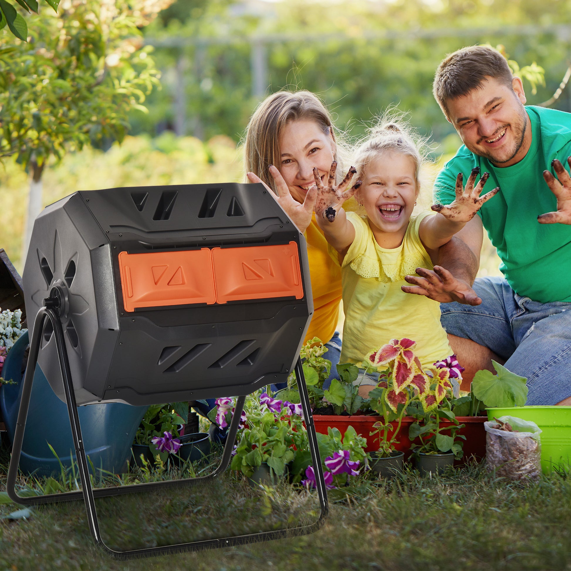 Tumbling Compost Bin Outdoor 360 Dual Rotating Composter 43 Gallon, Orange Orange Steel