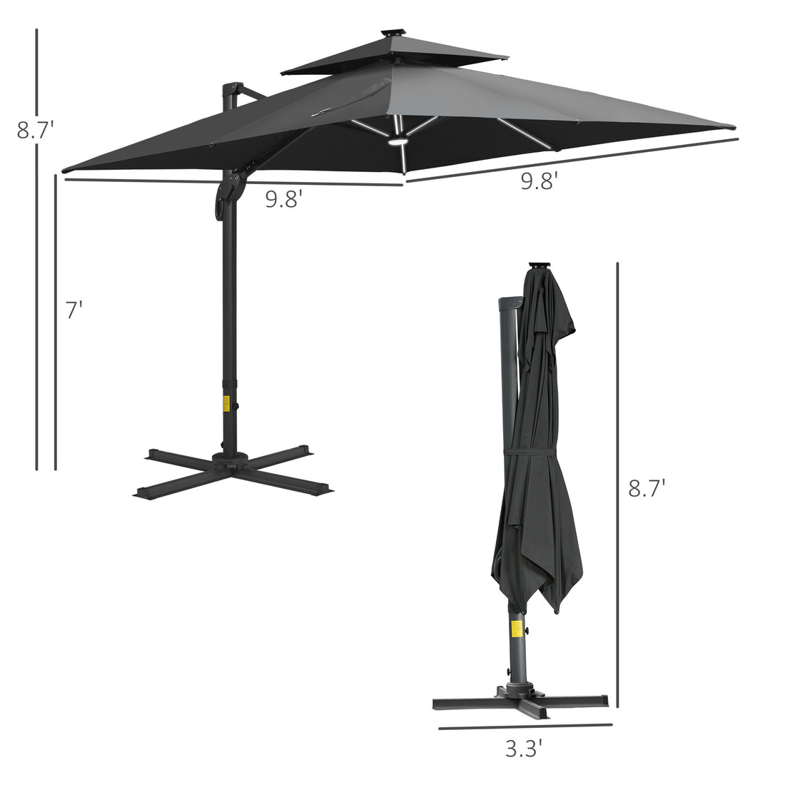 10Ft Cantilever Patio Umbrella With Solar Led Lights, Double Top Square Outdoor Offset Umbrella With 360 Rotation, 4 Position Tilt, Crank & Cross Base For Garden, Deck, Pool, Dark Gray Gray Polyester