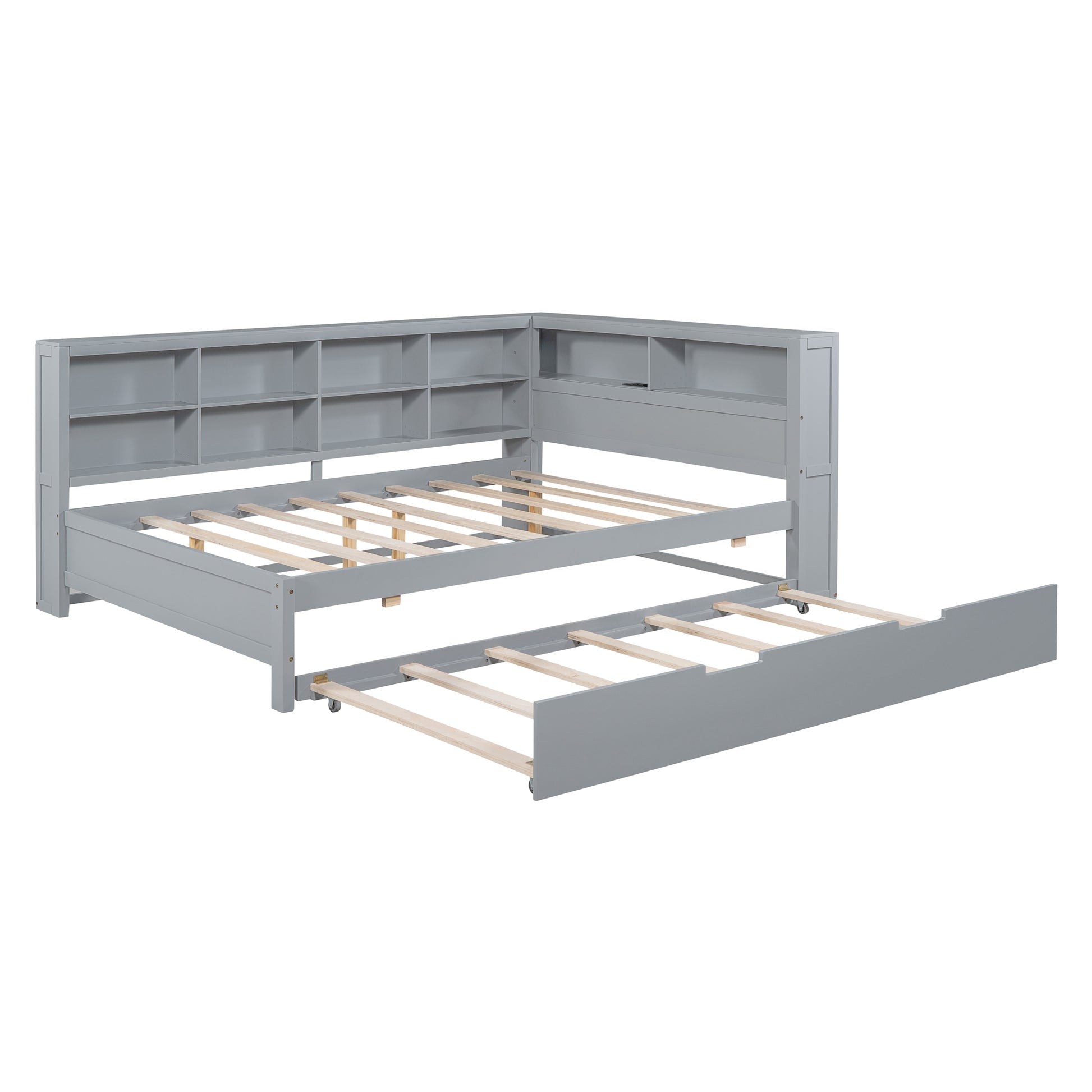 Wooden Full Size Daybed With Twin Size Trundle, Daybed With Storage Shelf And Usb Charging Ports,Grey Full Grey Wood