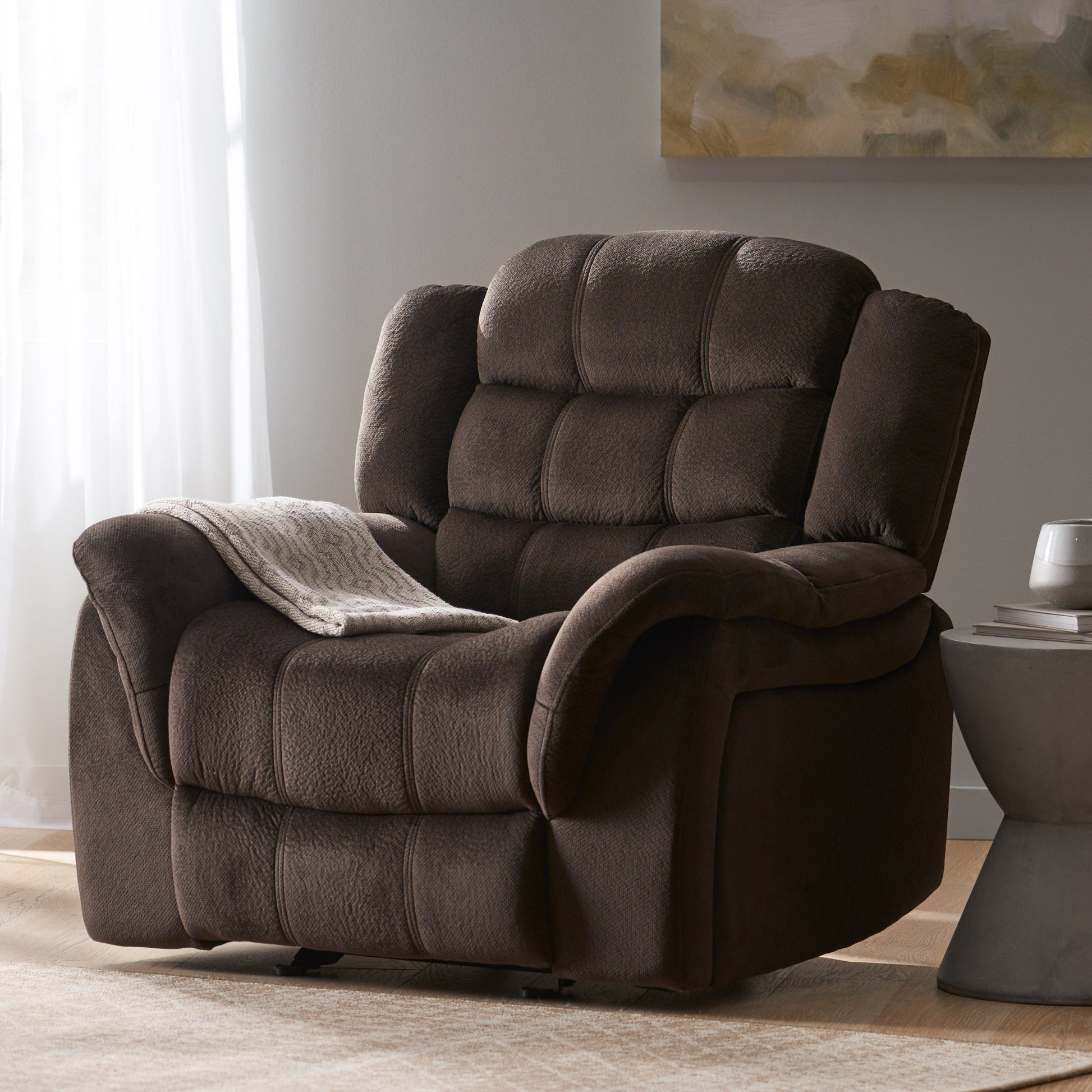 Classic Design, Brown Plush Fabric, Glider Recliner Brown Plush