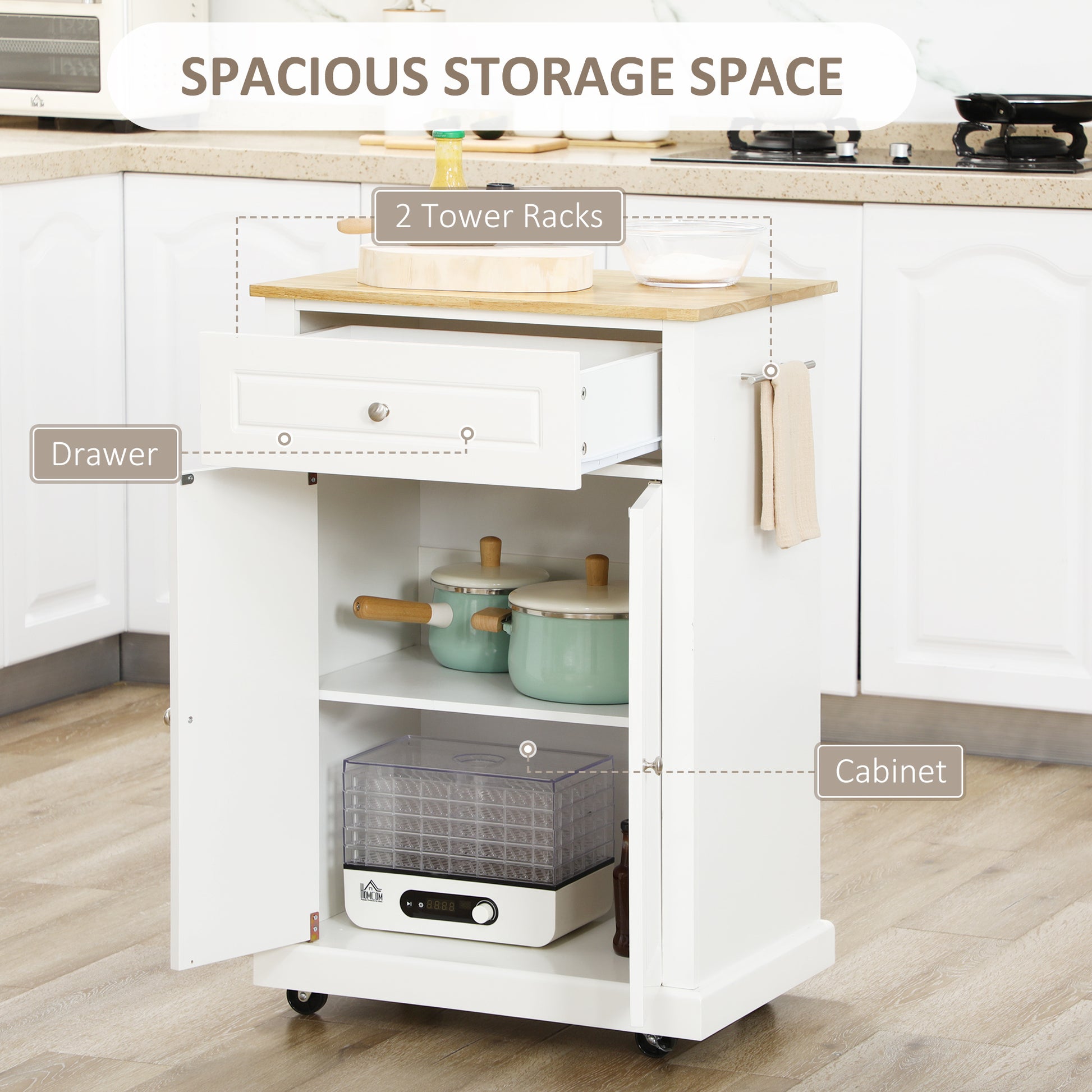 Rolling Kitchen Island Cart, Portable Serving Trolley Table With Drawer, Adjustable Shelf And 2 Towel Racks, Cream White Cream White Mdf