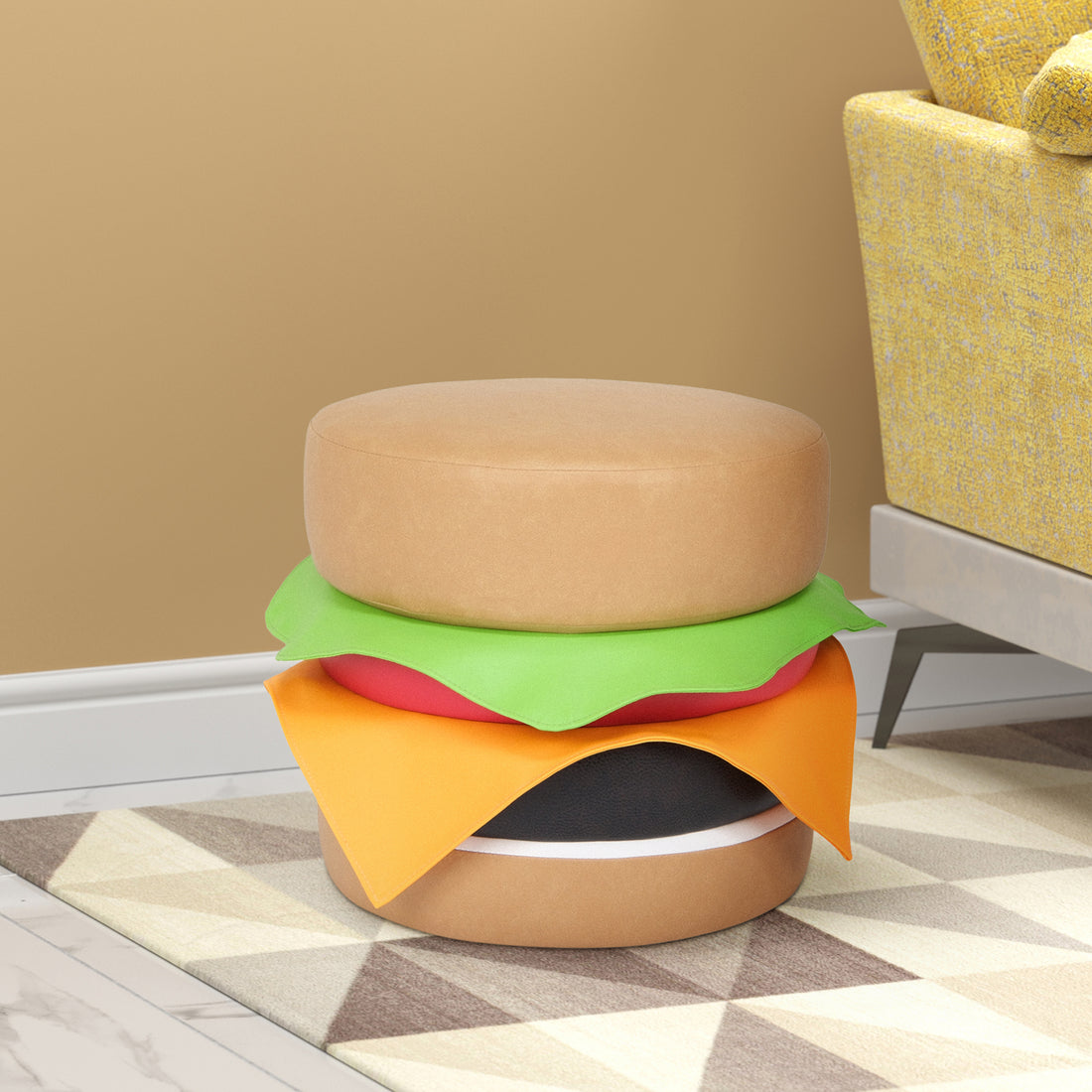 Multi Color Faux Leather Cheeseburger Ottoman, Modern Round Ottoman For Living Room, Bedroom And Apartment With Solid Wood Frame Multi Wood Foam Vinyl