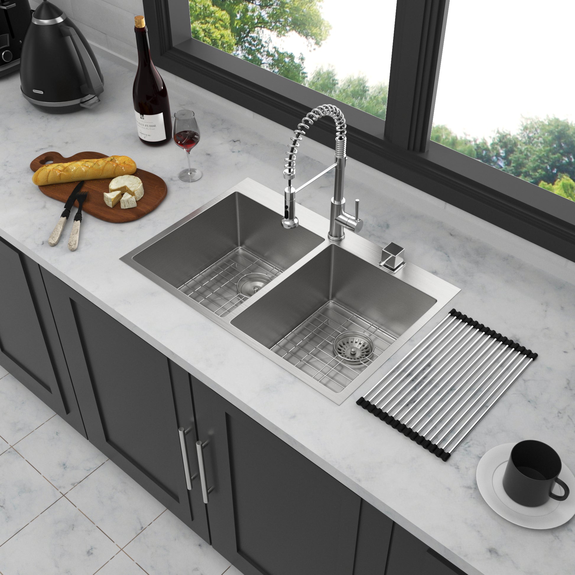 Double Bowl 50 50 Drop In Sink 33"X22"X10" Stainless Steel Kitchen Sink 16 Gauge With Two 10" Deep Basin Brushed Nickel Stainless Steel