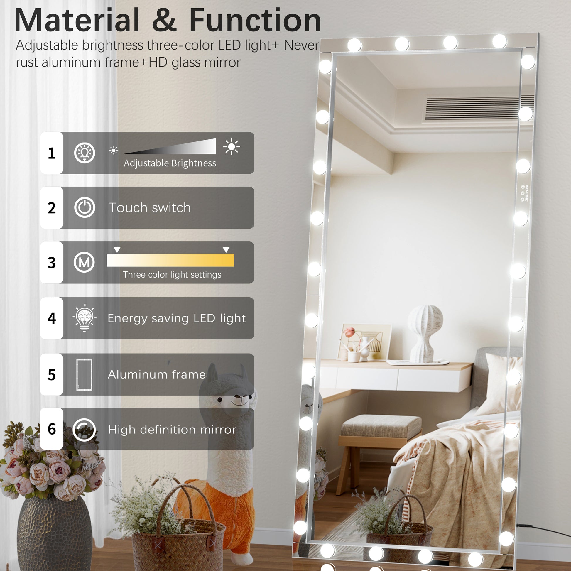 Hollywood Led Full Body Mirror With Lights Extra Large Full Length Vanity Mirror With 3 Color Mode Lights, Vertical Horizontal Hanging Aluminum Framed Mirror, 72 X 36 Inch, Silver Silver Aluminium