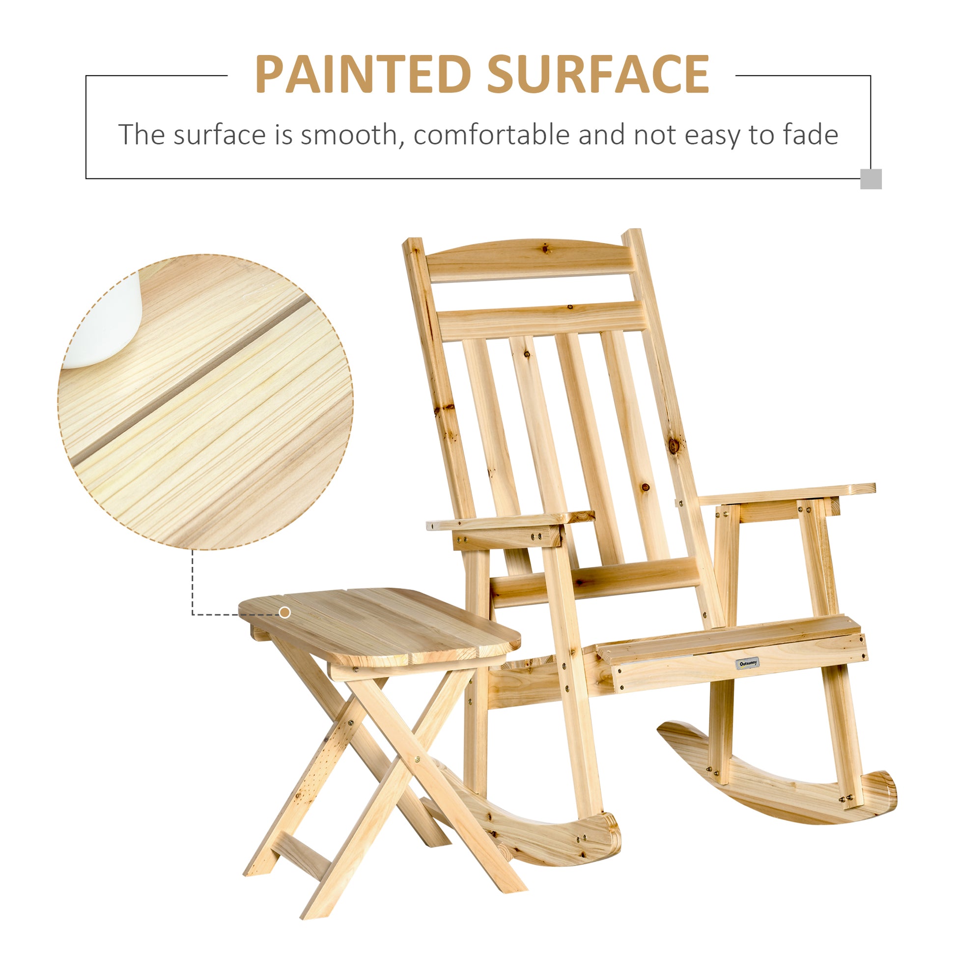 2 Pieces Wood Patio Bistro Set, Outdoor Rocking Chair Set With Armrests And High Back Rocking Chair And Portable Side Table, For Indoor, Outdoor, Patio, Backyard, Natural Natural Wood