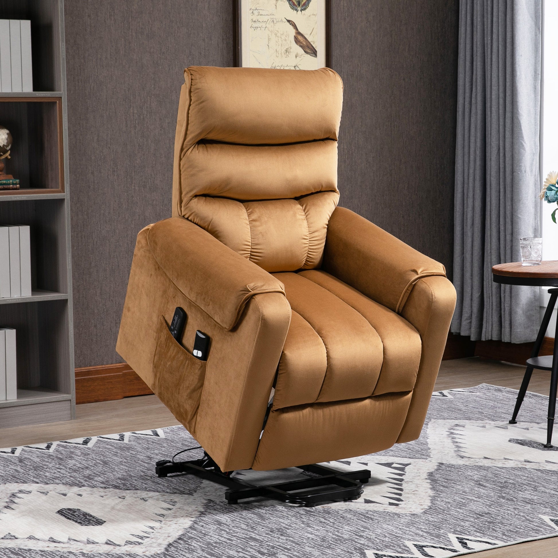 Power Lift Chair, Velvet Touch Upholstered Recliner Chair For Elderly With Vibration Massage, Remote Control, Side Pockets, Brown Brown Polyester