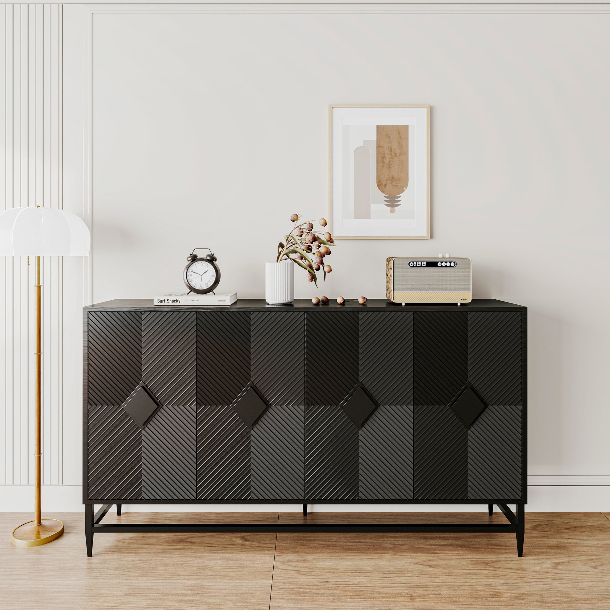 Accent Black Lacquered 4 Door Wooden Cabinet Sideboard Buffet Server Cabinet Storage Cabinet, For Living Room, Entryway, Hallway, Office, Kitchen And Dining Room Matte Matte Black Adjustable Shelves Mdf Steel