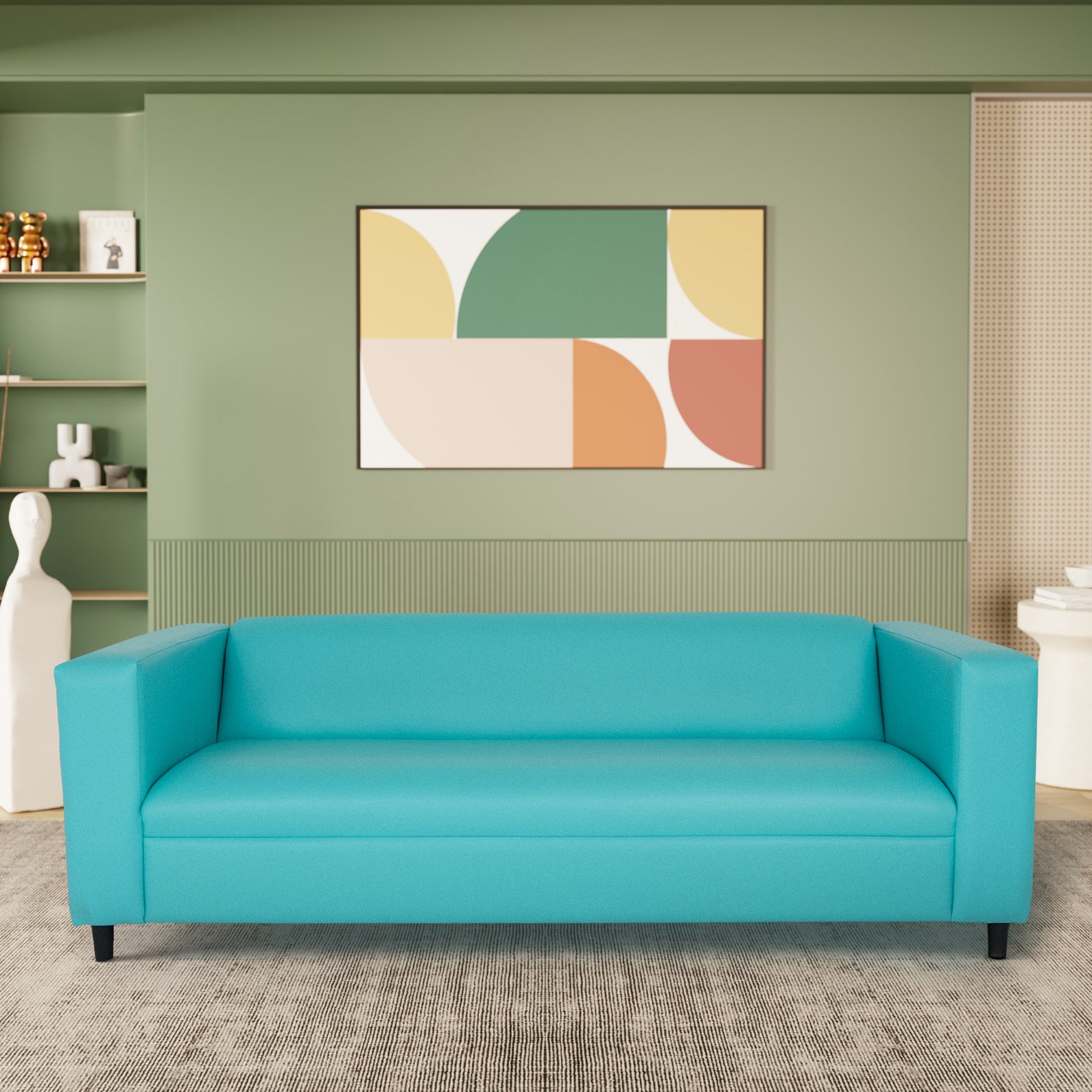 Teal Faux Leather Sofa, Modern 3 Seater Sofas Couches For Living Room, Bedroom, Office, And Apartment With Solid Wood Frame Teal Wood Foam Vinyl