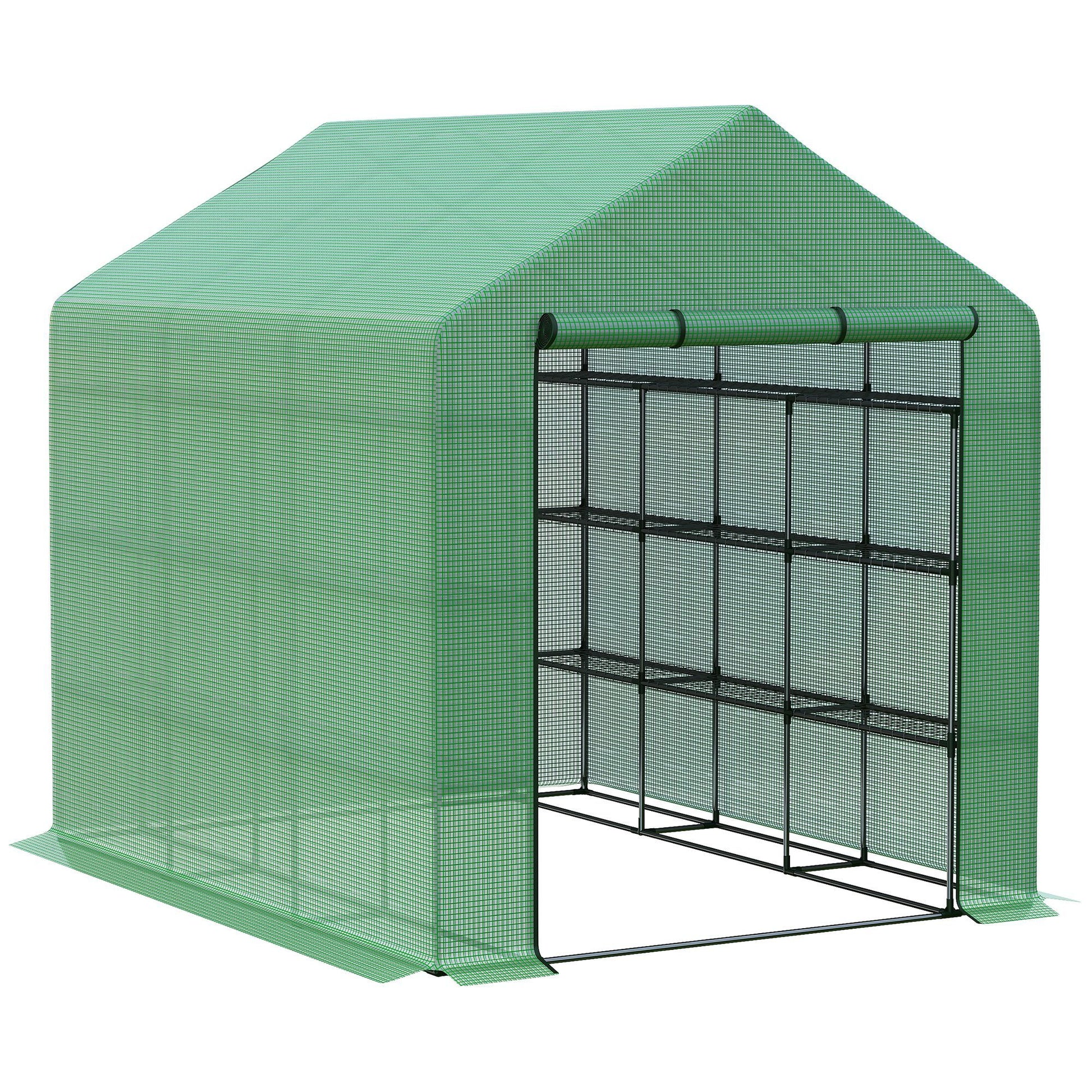 Walk In Greenhouse For Outdoors With Roll Up Zipper Door, 18 Shelves, Pe Cover, Small & Portable Build, Heavy Duty Humidity Seal, 95.25" X 70.75" X 82.75", Green Green Polyethylene