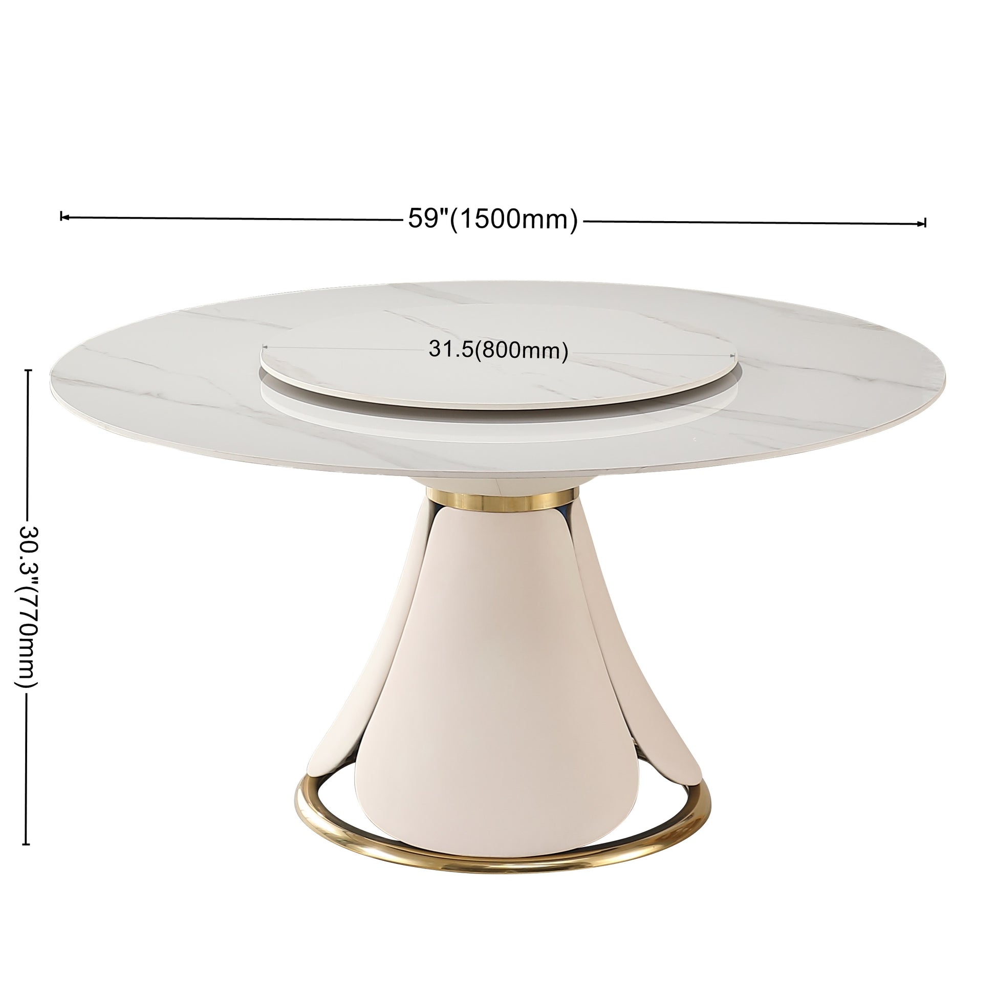 59.05"Modern Sintered Stone Dining Table With 31.5" Round Turntable With Wood And Metal Exquisite Pedestal With 8 Pcs Chairs . Glossy White Sintered Stone