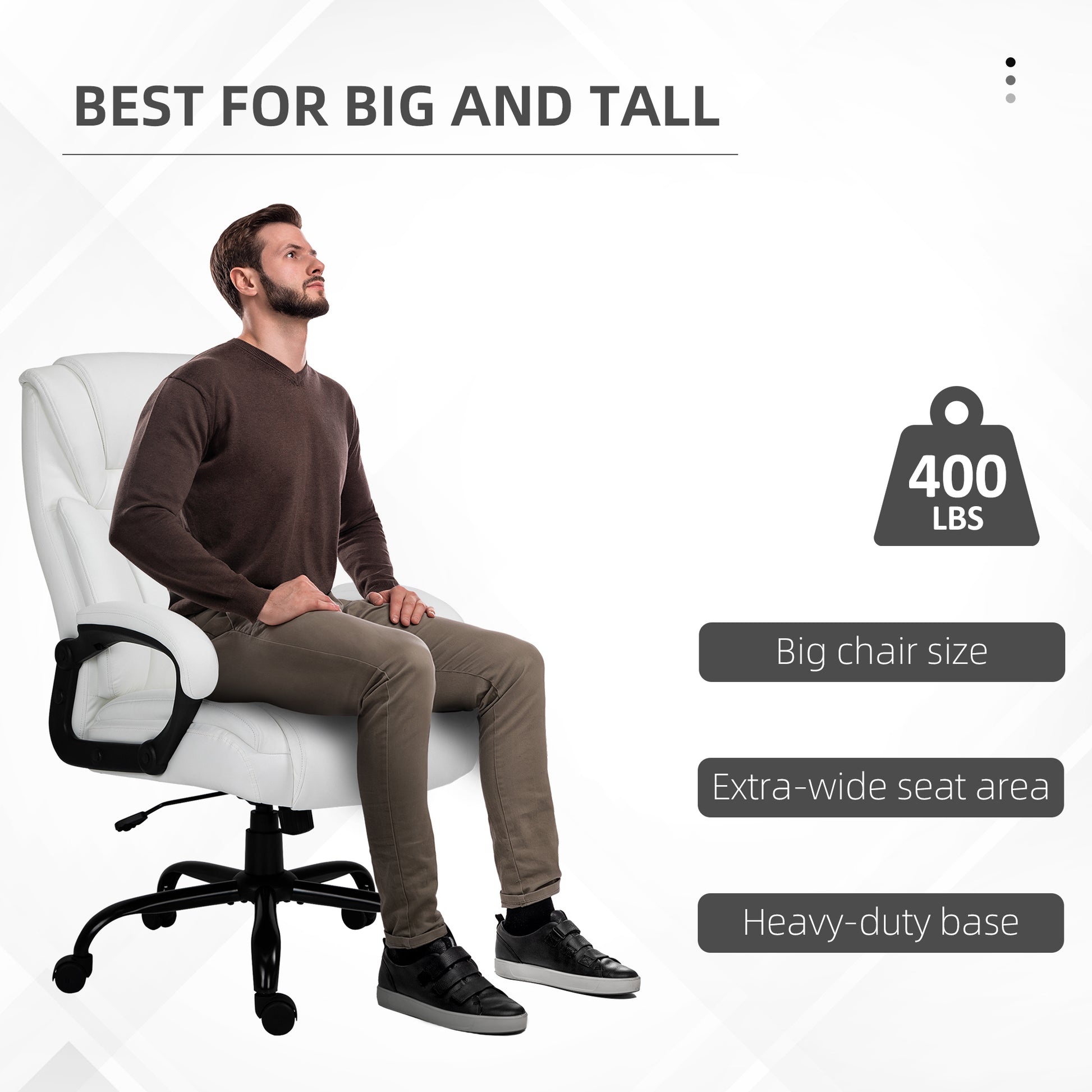 Big And Tall 400Lbs Executive Office Chair With Wide Seat, Computer Desk Chair With High Back Pu Leather Ergonomic Upholstery, Adjustable Height And Swivel Wheels, White White Faux Leather