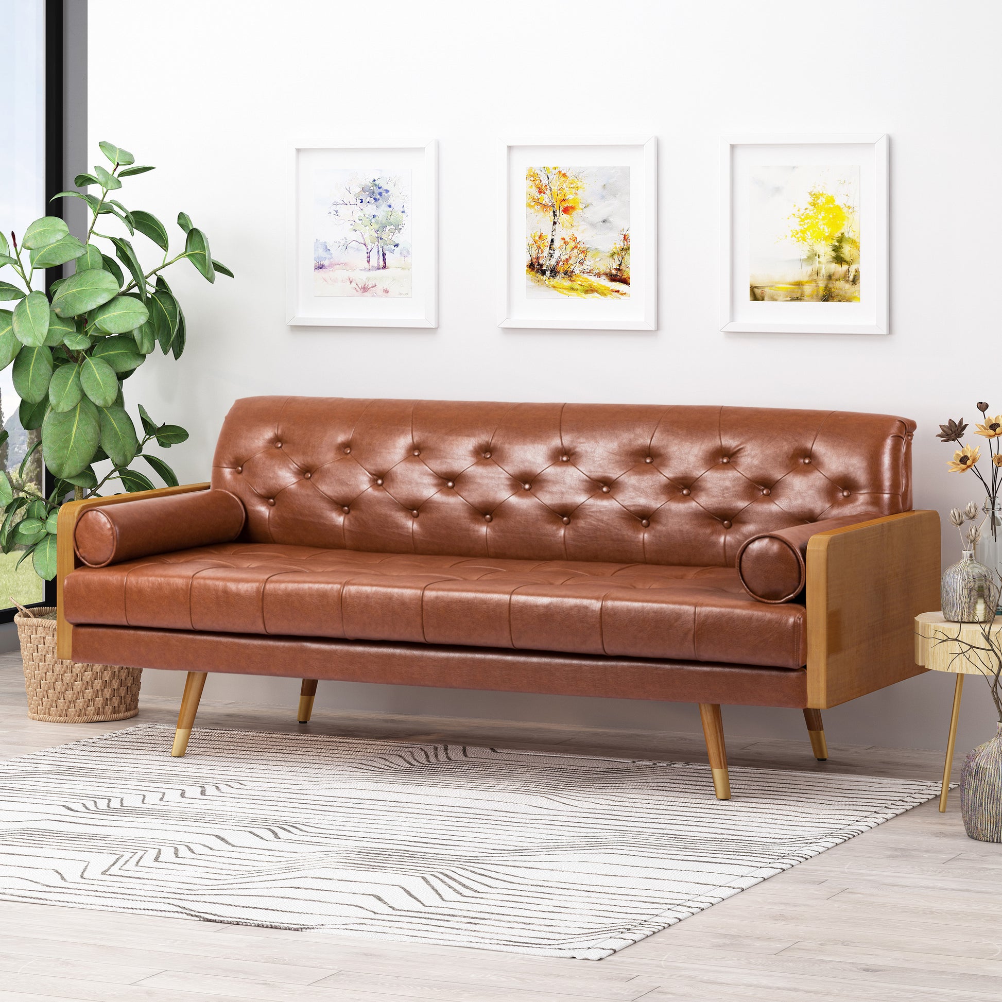 Adelaide Mid Century Modern Tufted Sofa With Rolled Accent Pillows Light Brown Pu