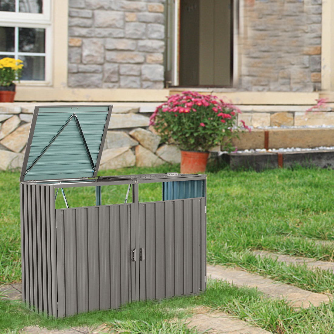 Garbage Bin Shed Stores 2 Trash Cans Metal Outdoor Bin Shed For Garbage Storage,Stainless Galvanized Steel, Bin Shed For Garden Yard Lawn,Grey Grey Iron