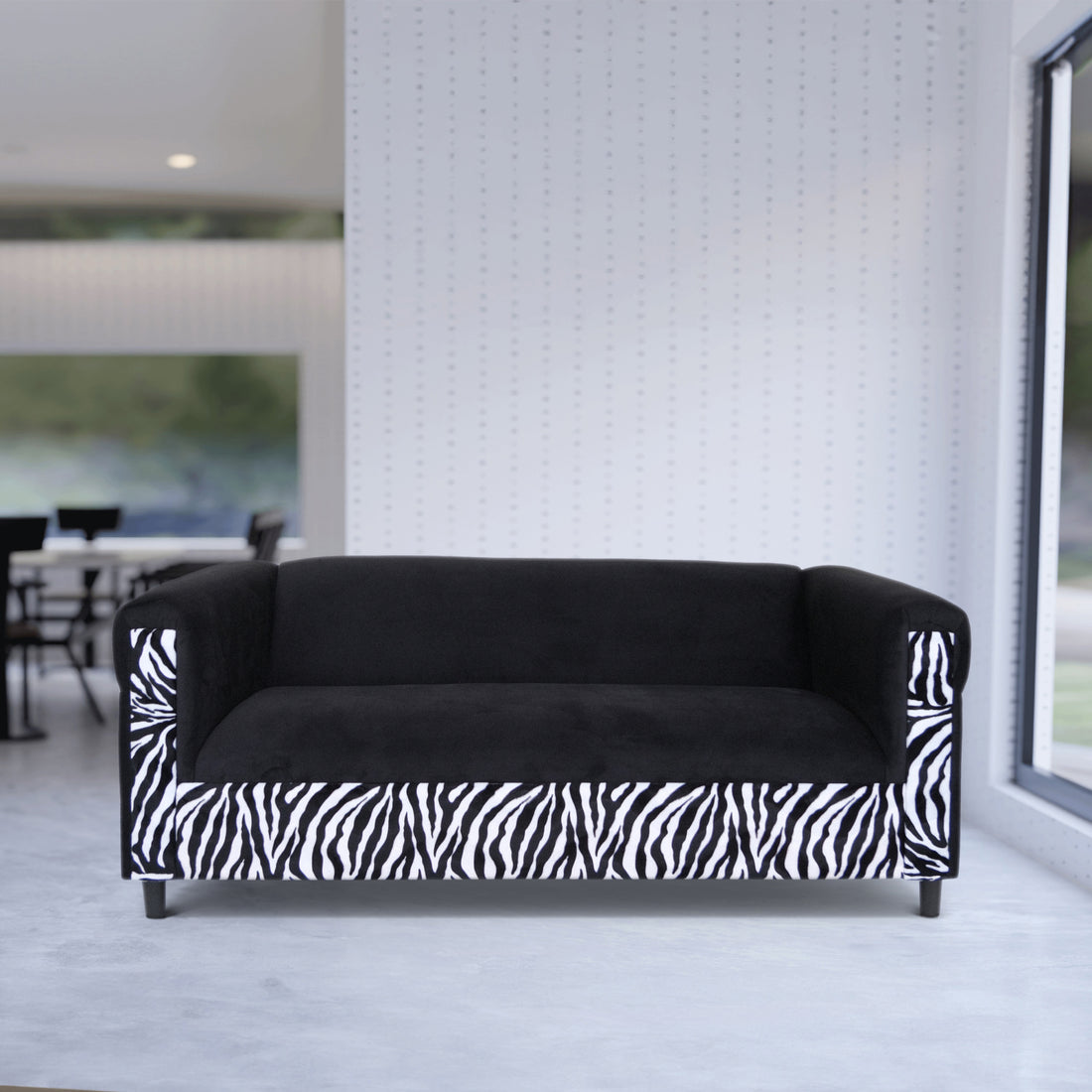 Black Velvet Sofa With Zebra Print, Modern 3 Seater Sofas Couches For Living Room, Bedroom, Office, And Apartment With Solid Wood Frame Black Wood Foam Velvet