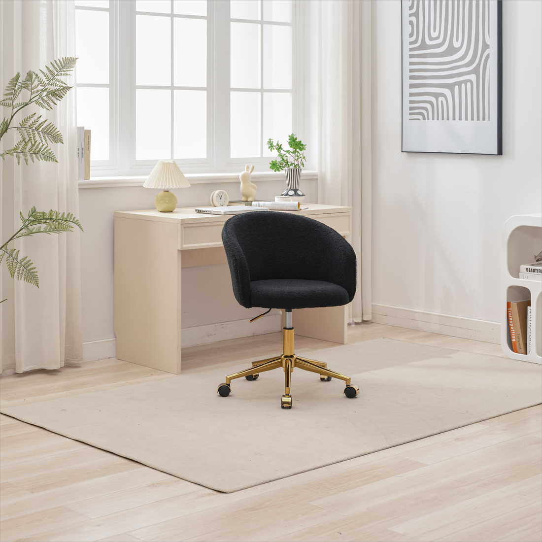 Hengming Golden Foot Office Chair, Modern Armchair, Height Adjustable, Rotary Cosmetic Chair, For Bedroom,Set Of 1 Black Wool