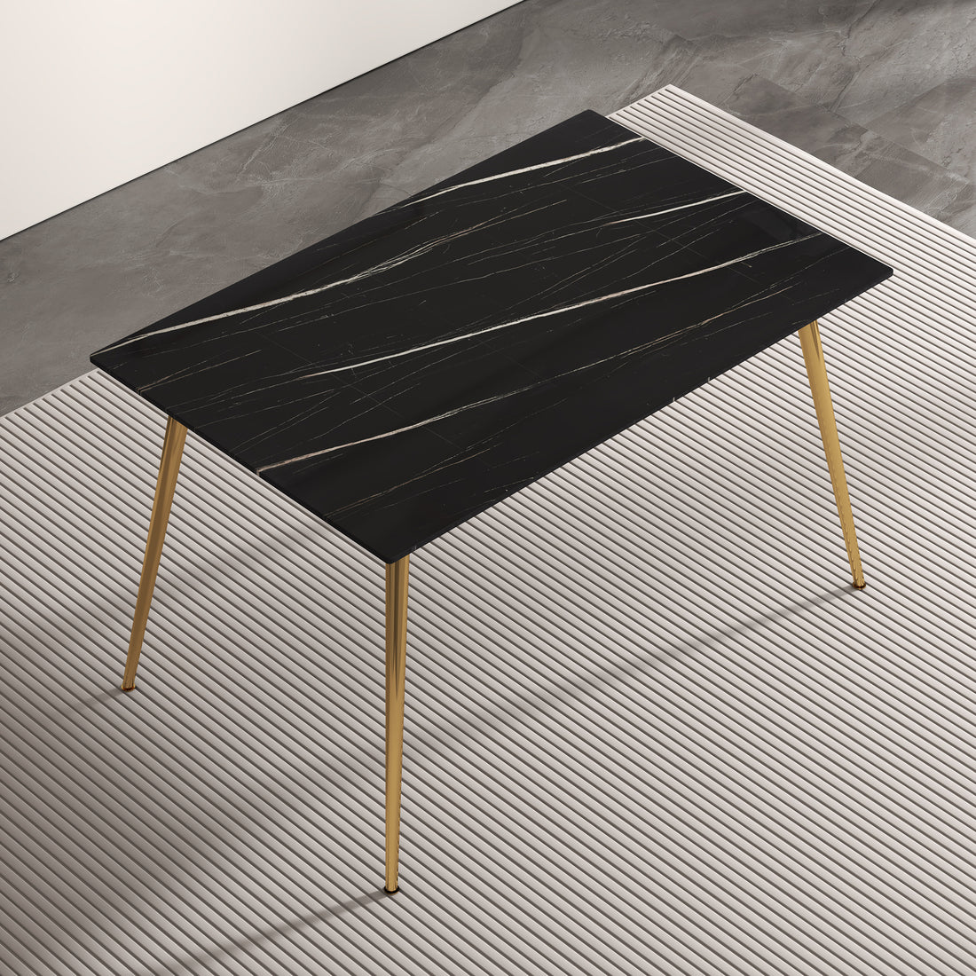 Modern Minimalist Rectangular Black Imitation Marble Dining Table, 0.3 Inches Thick, Gold Color Metal Legs, Suitable For Kitchen, Dining Room, And Living Room 51.2"* 31.5" * 29.8 "Dt 1544 Black Glass