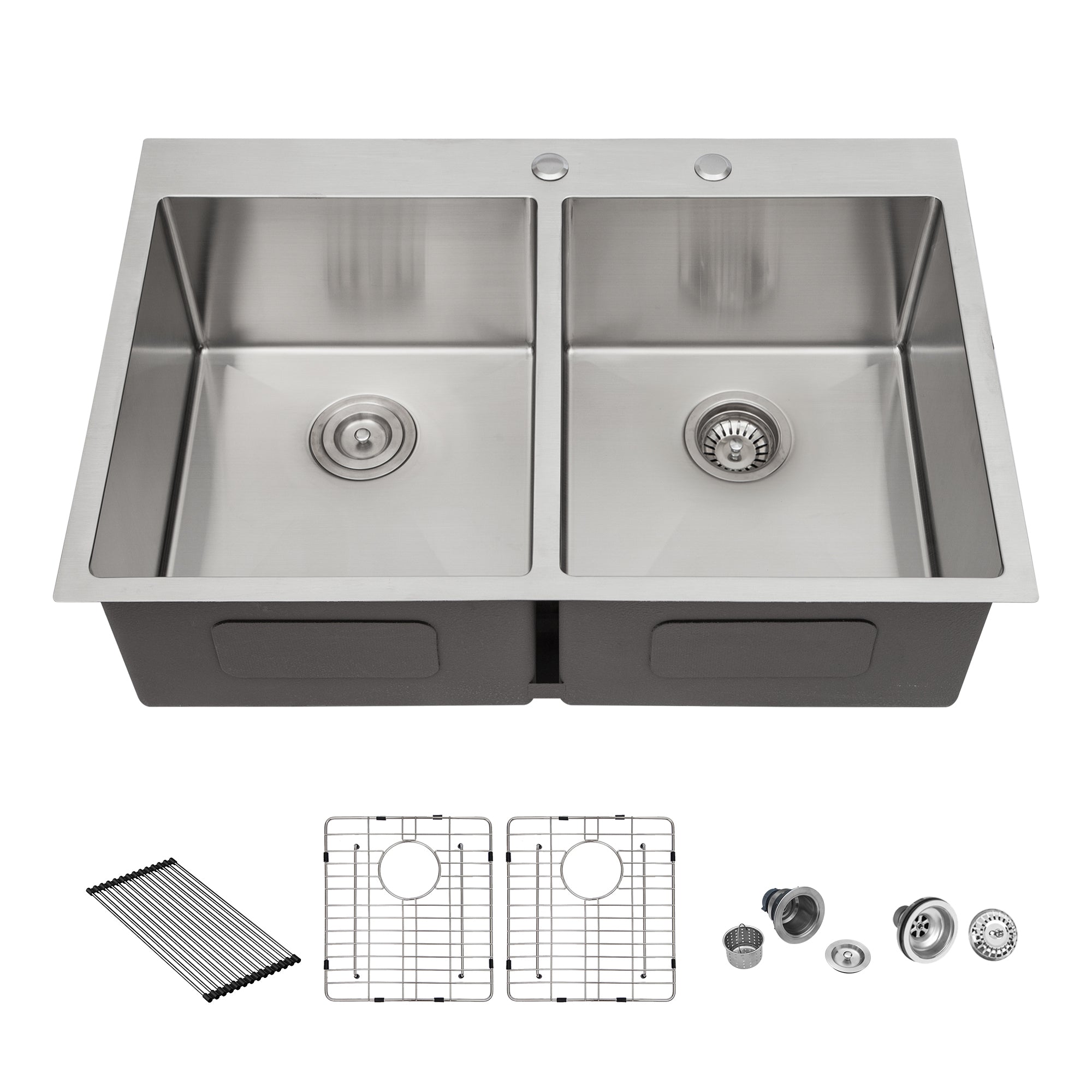 Double Bowl 50 50 Drop In Sink 33"X22"X10" Stainless Steel Kitchen Sink 16 Gauge With Two 10" Deep Basin Brushed Nickel Stainless Steel