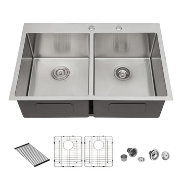 Double Bowl 50 50 Drop In Sink 33"X22"X10" Stainless Steel Kitchen Sink 16 Gauge With Two 10" Deep Basin Brushed Nickel Stainless Steel