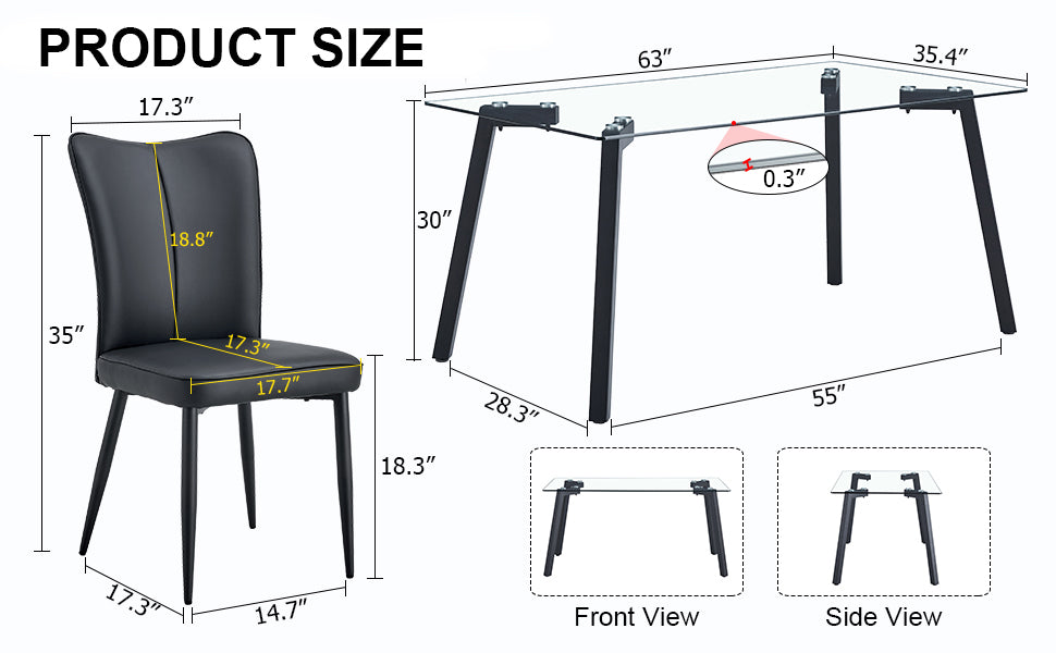 Table And Chair Set. 1 Table And 6 Black Chairs. Glass Dining Table With 0.31 Inch Tempered Glass Tabletop And Black Coated Metal Legs. Equipped With Black Pu Chairs 1123 008 Transparent Glass