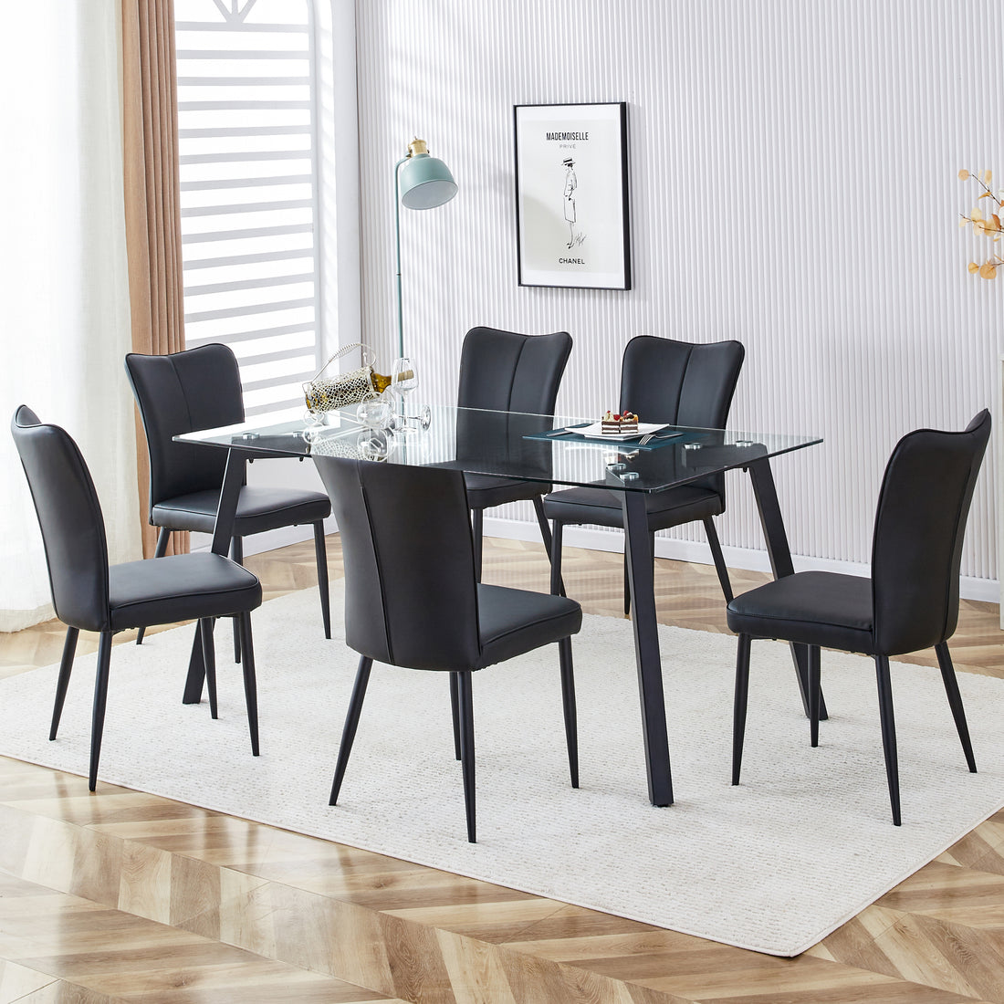 Table And Chair Set. 1 Table And 6 Black Chairs. Glass Dining Table With 0.31 Inch Tempered Glass Tabletop And Black Coated Metal Legs. Equipped With Black Pu Chairs 1123 008 Transparent Glass