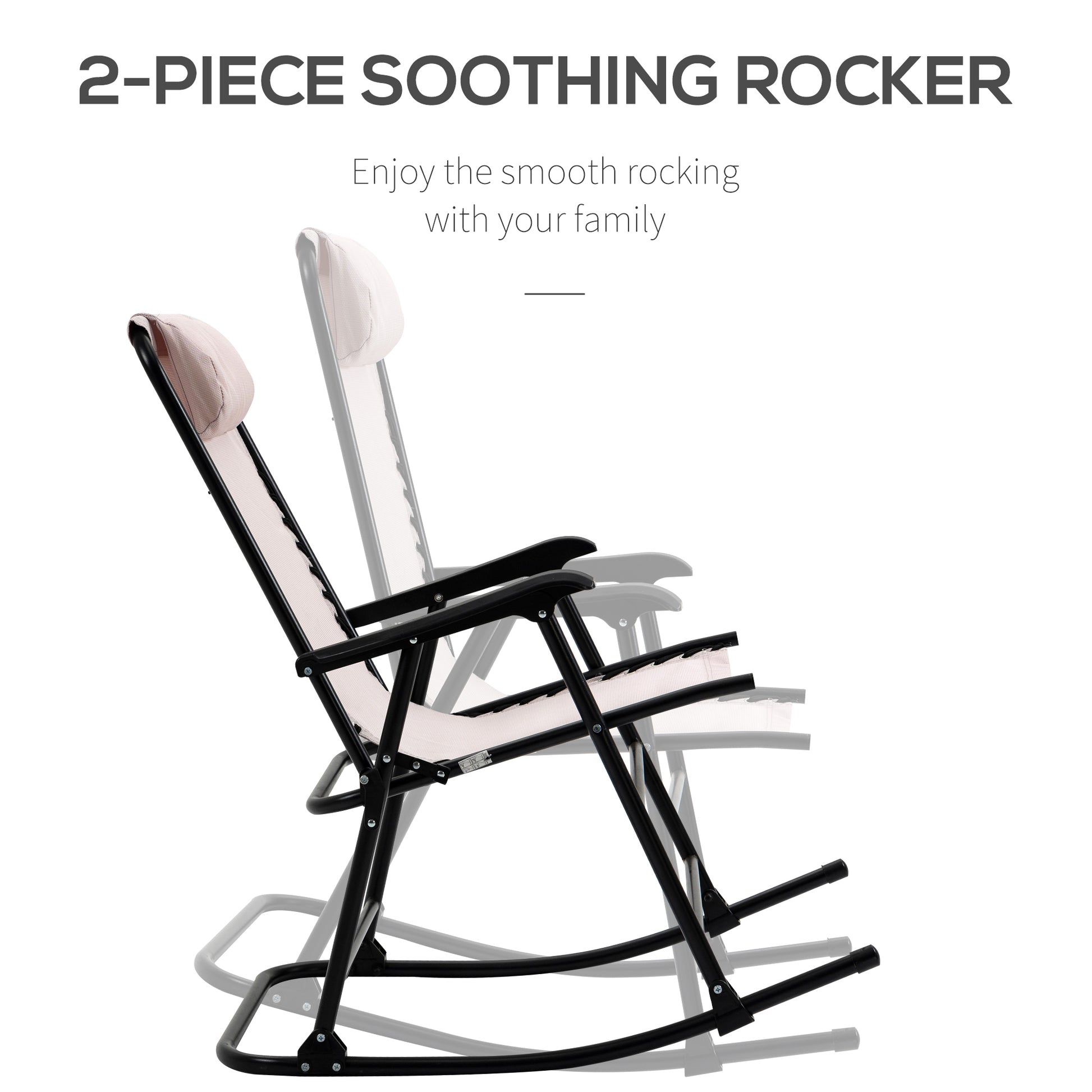 Oversized Folding Rocking Camping Chair Set Of 2, Outdoor Rockers With Headrests, Zero Gravity Bungee Lawn Chairs For 2 Adults, Cream White White Steel
