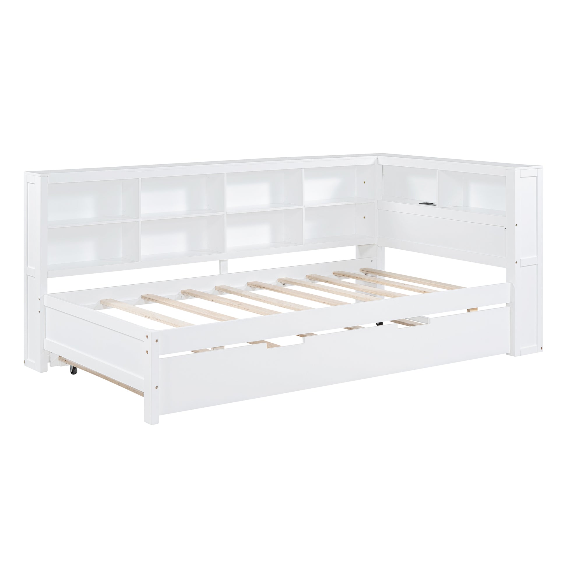 Wooden Twin Size Daybed With Twin Trundle, Daybed With Storage Shelf And Usb Charging Ports,White Twin White Wood