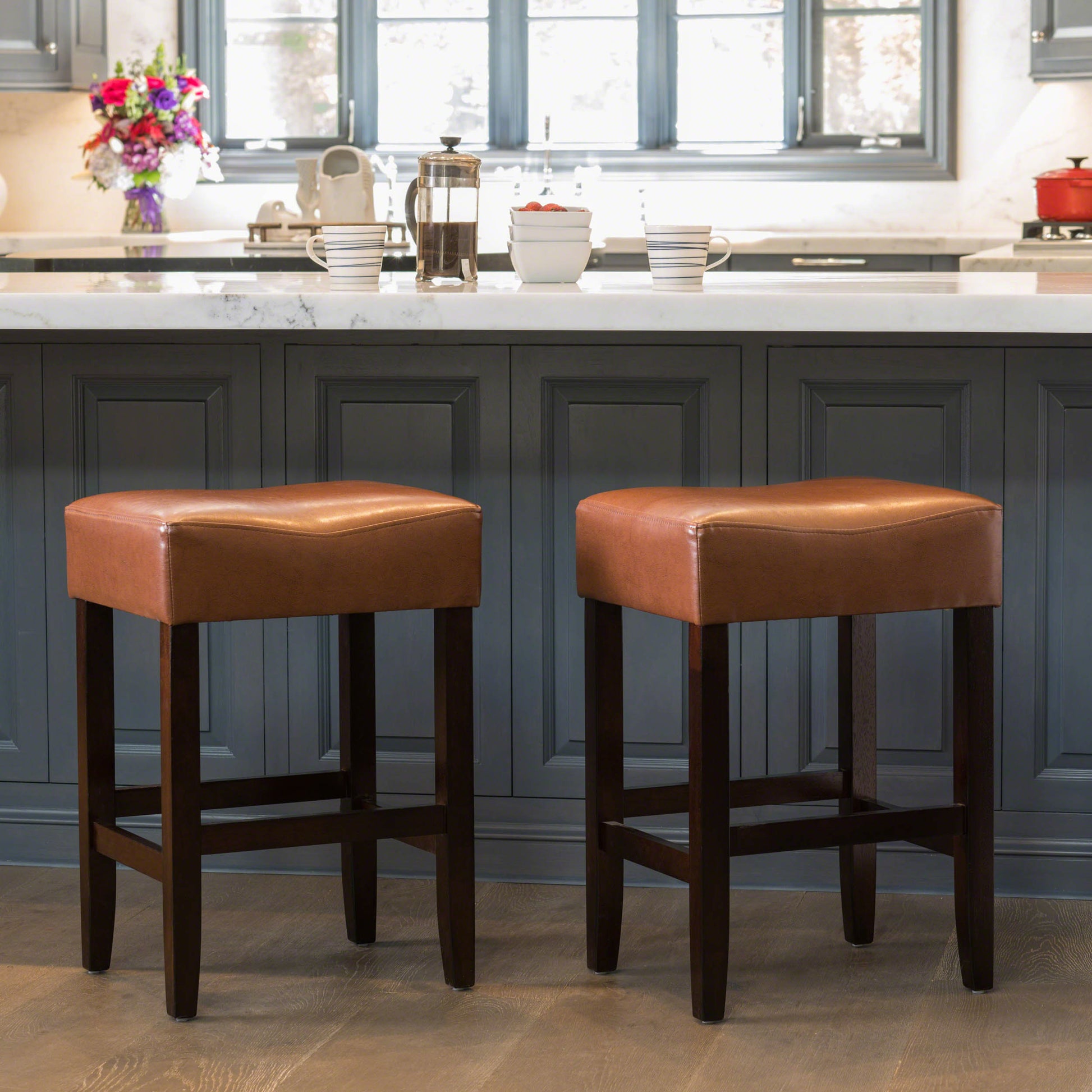 Set Of 2, 26.75" Backless Leather Counter Height Barstool, Brown Brown Leather