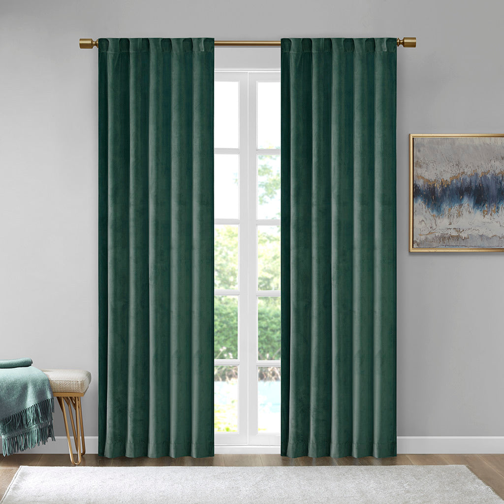 Room Darkening Poly Velvet Rod Pocket Back Tab Curtain Panel Pair 2 Pcs Window Panels Green Polyester