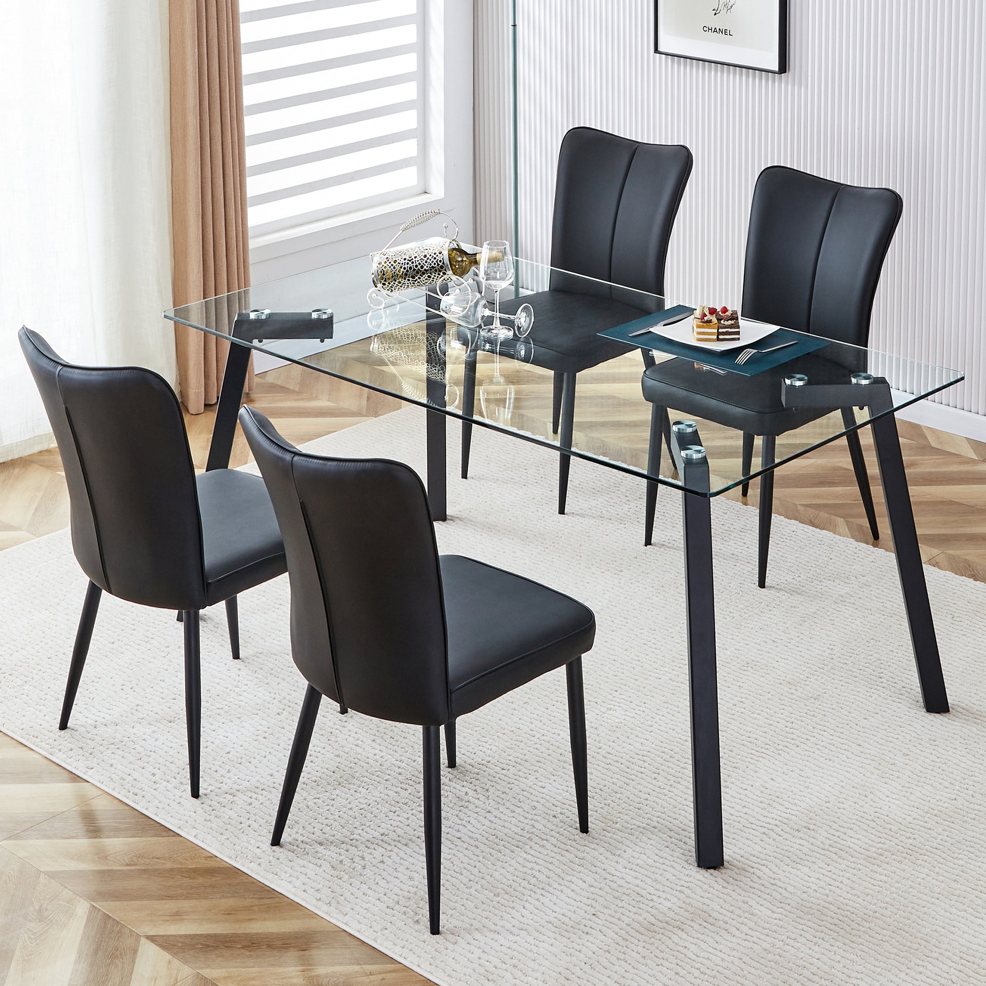 Table And Chair Set. 1 Table And 6 Black Chairs. Glass Dining Table With 0.31 Inch Tempered Glass Tabletop And Black Coated Metal Legs. Equipped With Black Pu Chairs 1123 008 Transparent Glass