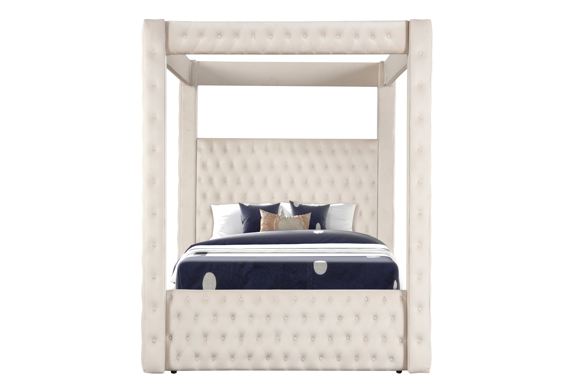 Monica Luxurious Four Poster King Bed Made With Wood In Cream Box Spring Not Required King Cream Wood Bedroom Modern Upholstered Velvet Wood