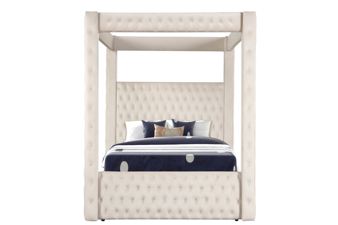 Monica Luxurious Four Poster Queen Bed Made With Wood In Cream Box Spring Not Required Queen Cream Wood Bedroom Modern Upholstered Velvet Wood