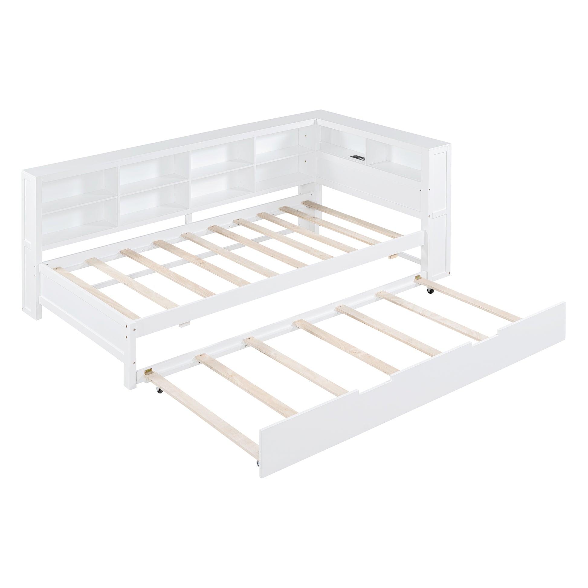 Wooden Twin Size Daybed With Twin Trundle, Daybed With Storage Shelf And Usb Charging Ports,White Twin White Wood