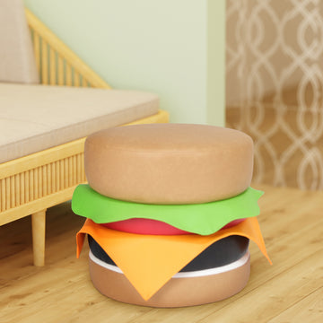 Multi Color Faux Leather Cheeseburger Ottoman, Modern Round Ottoman For Living Room, Bedroom And Apartment With Solid Wood Frame Multi Wood Foam Vinyl