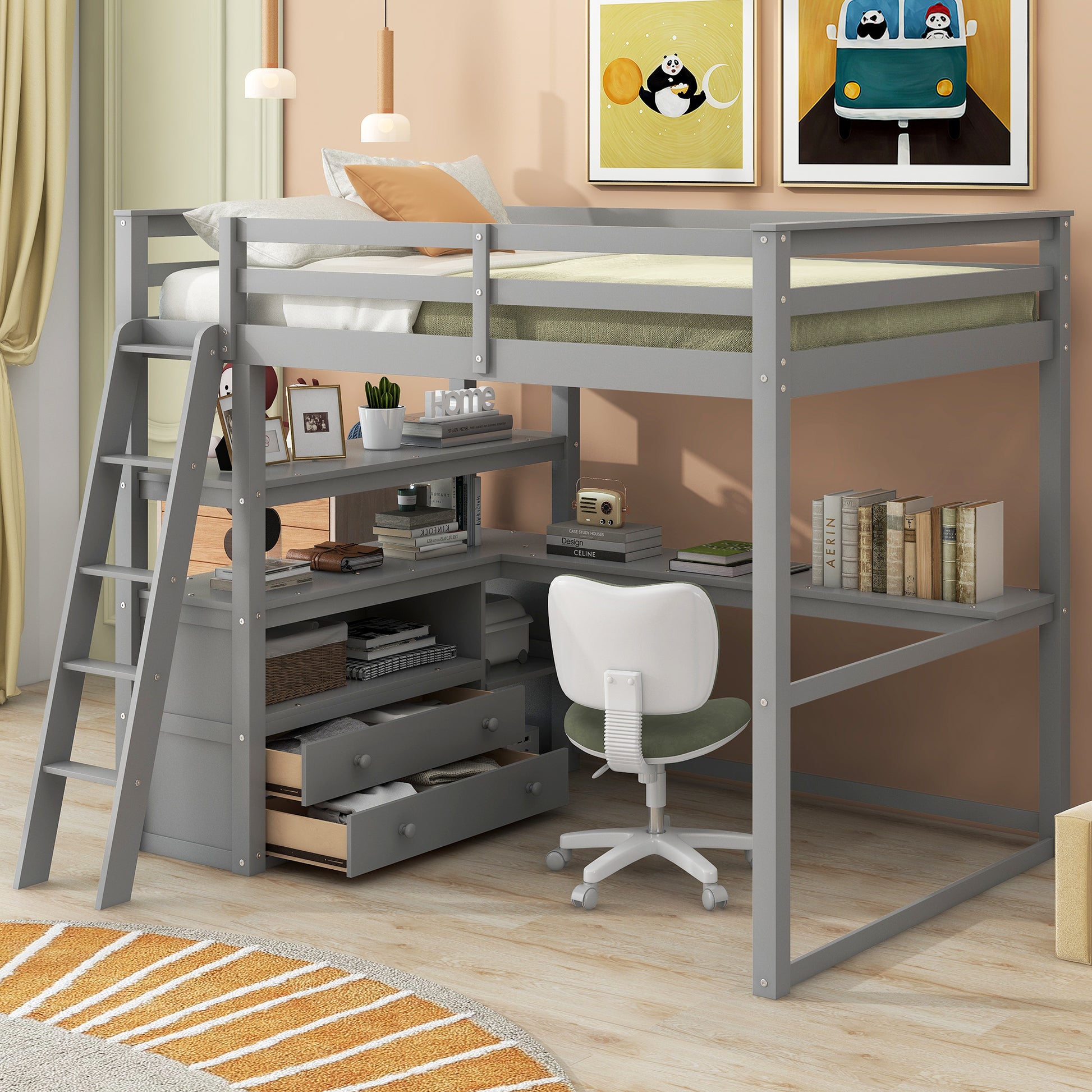 Full Size Loft Bed With Desk And Shelves,Two Built In Drawers,Gray Old Sku: Gx000416Aae Box Spring Not Required Full Gray Wood Bedroom Pine