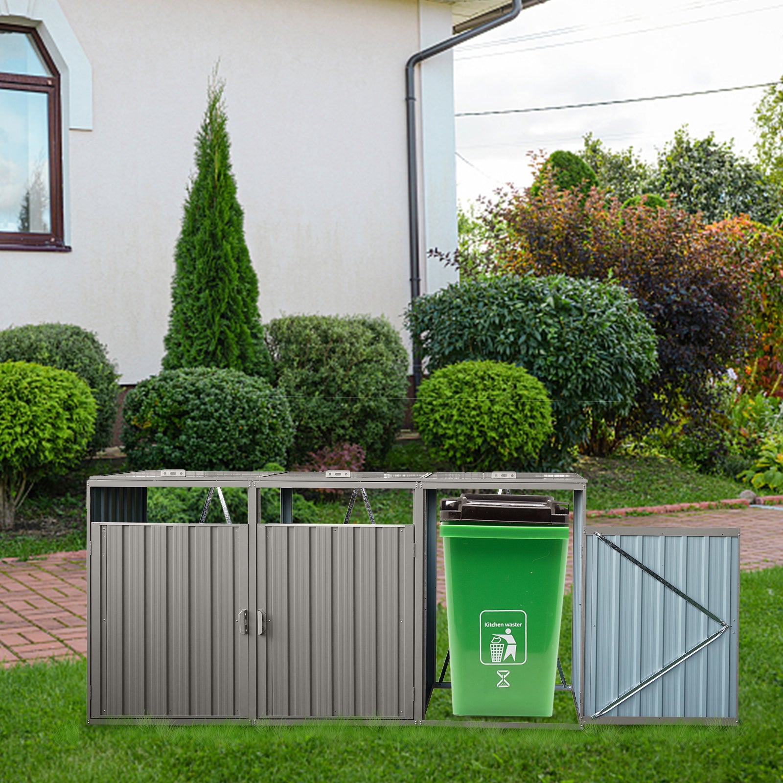 Garbage Bin Shed Stores 3 Trash Cans Metal Outdoor Bin Shed For Garbage Storage,Stainless Galvanized Steel, Bin Shed For Garden Yard Lawn,Grey Grey Iron