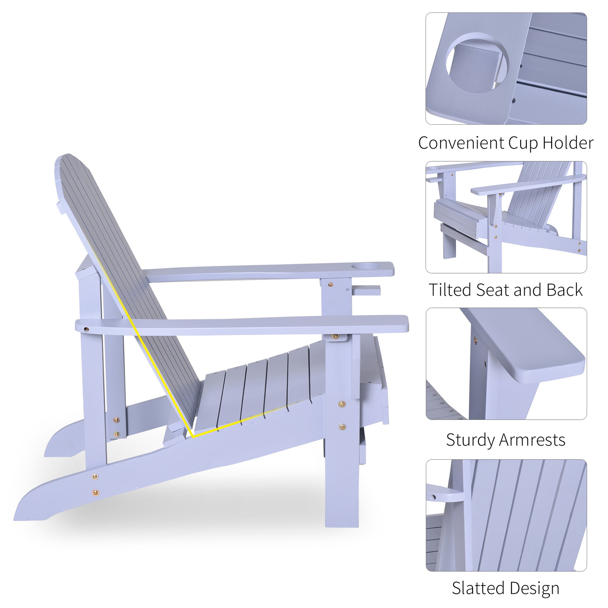 Wooden Adirondack Chair, Outdoor Patio Lawn Chair With Cup Holder, Weather Resistant Lawn Furniture, Classic Lounge For Deck, Garden, Backyard, Fire Pit, Gray Gray Wood