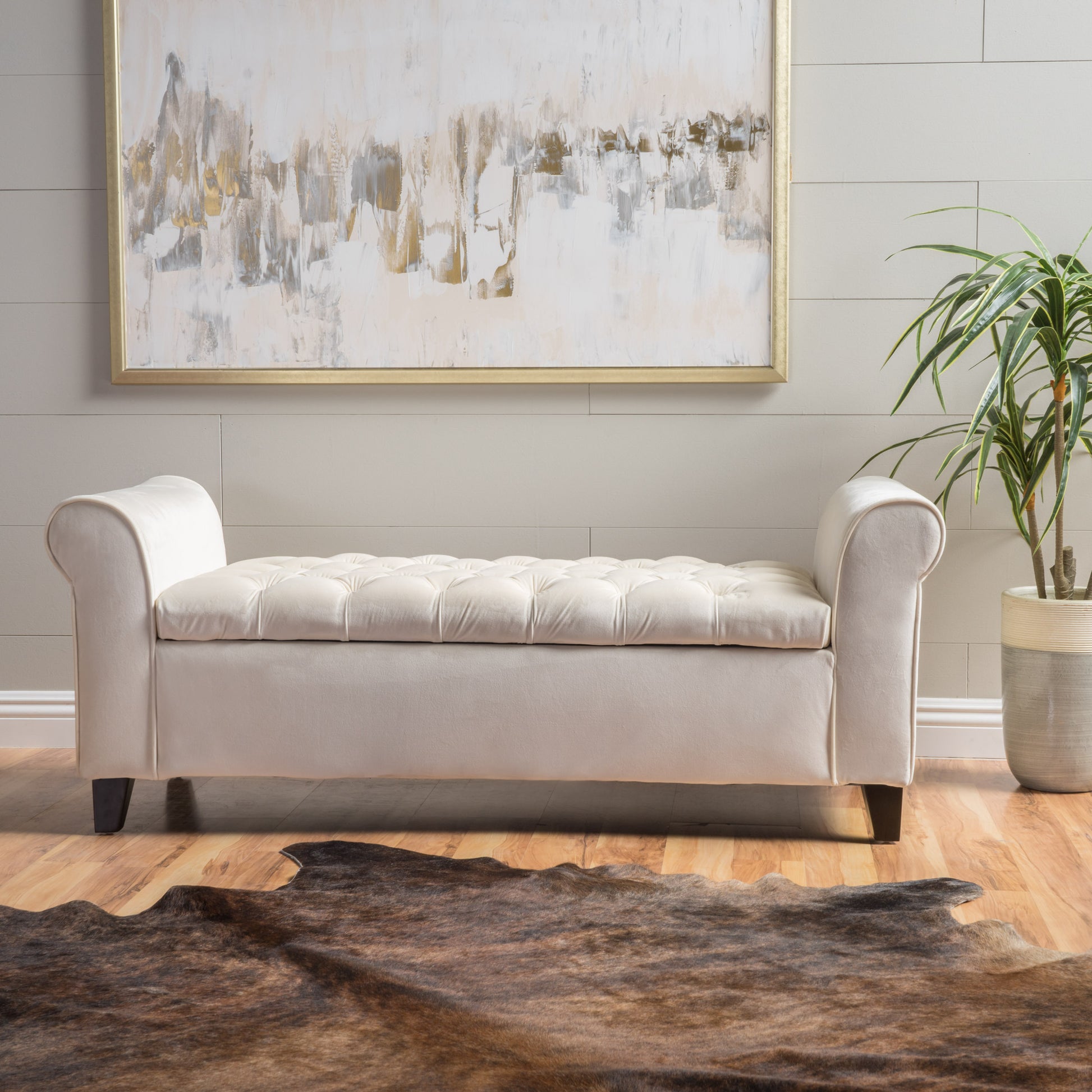 Hayes Armed Storage Bench Ivory Velvet