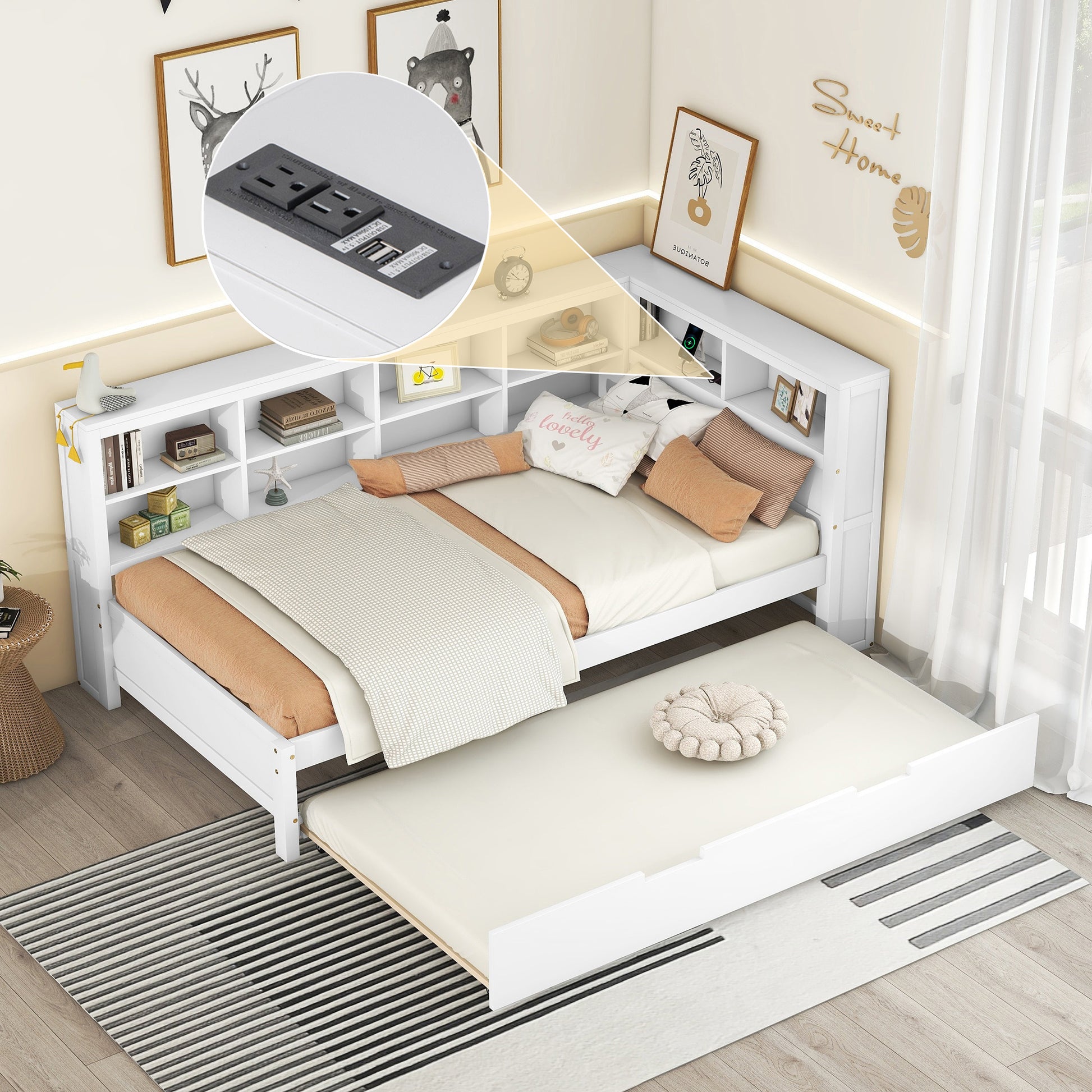 Wooden Twin Size Daybed With Twin Trundle, Daybed With Storage Shelf And Usb Charging Ports,White Twin White Wood