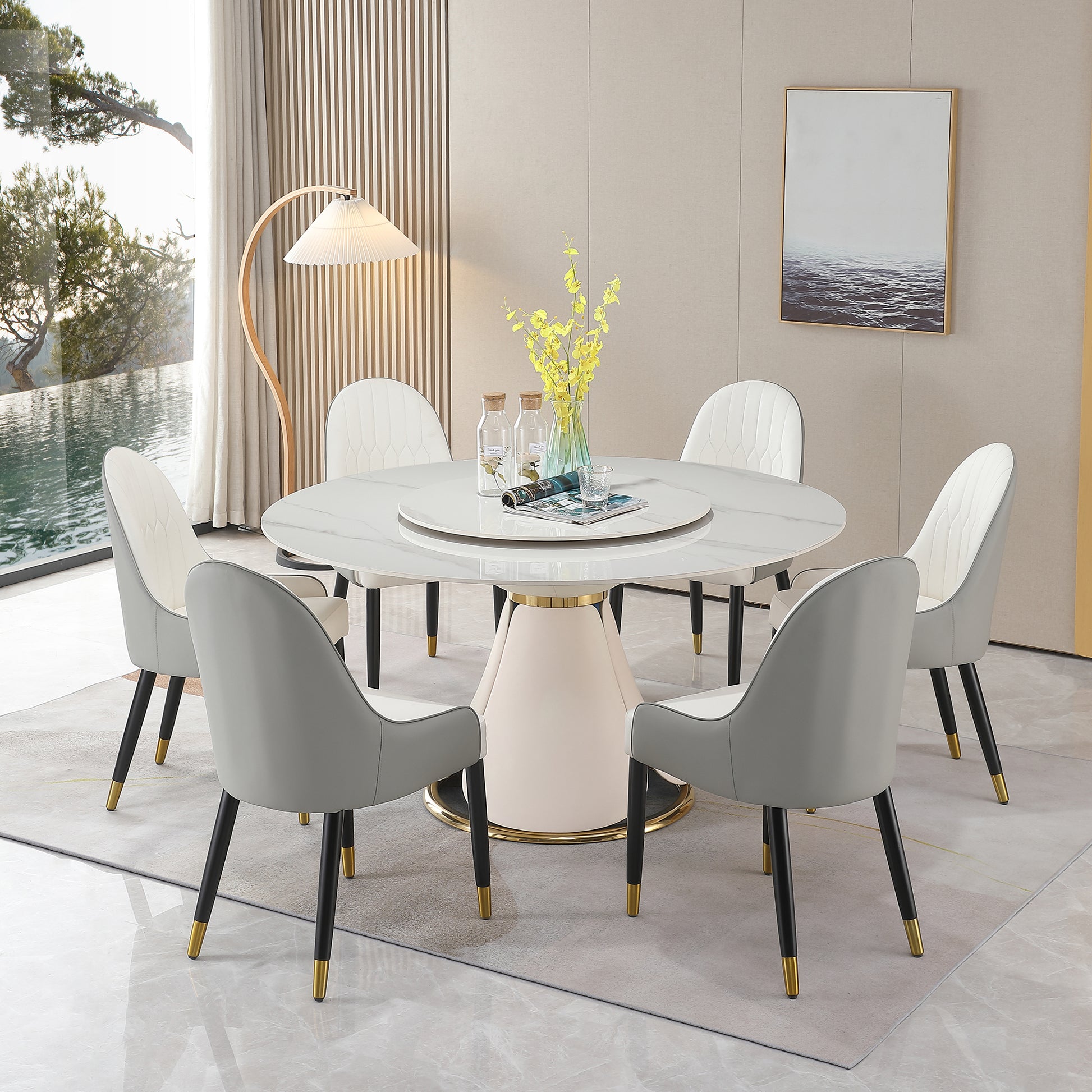 59.05"Modern Sintered Stone Dining Table With 31.5" Round Turntable With Wood And Metal Exquisite Pedestal With 8 Pcs Chairs . Glossy White Sintered Stone