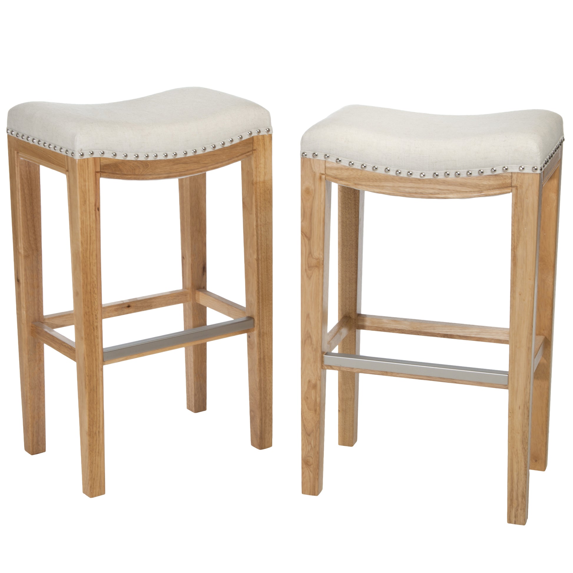 Tiffin Studded Barstool Beige Natural Wood Fabric