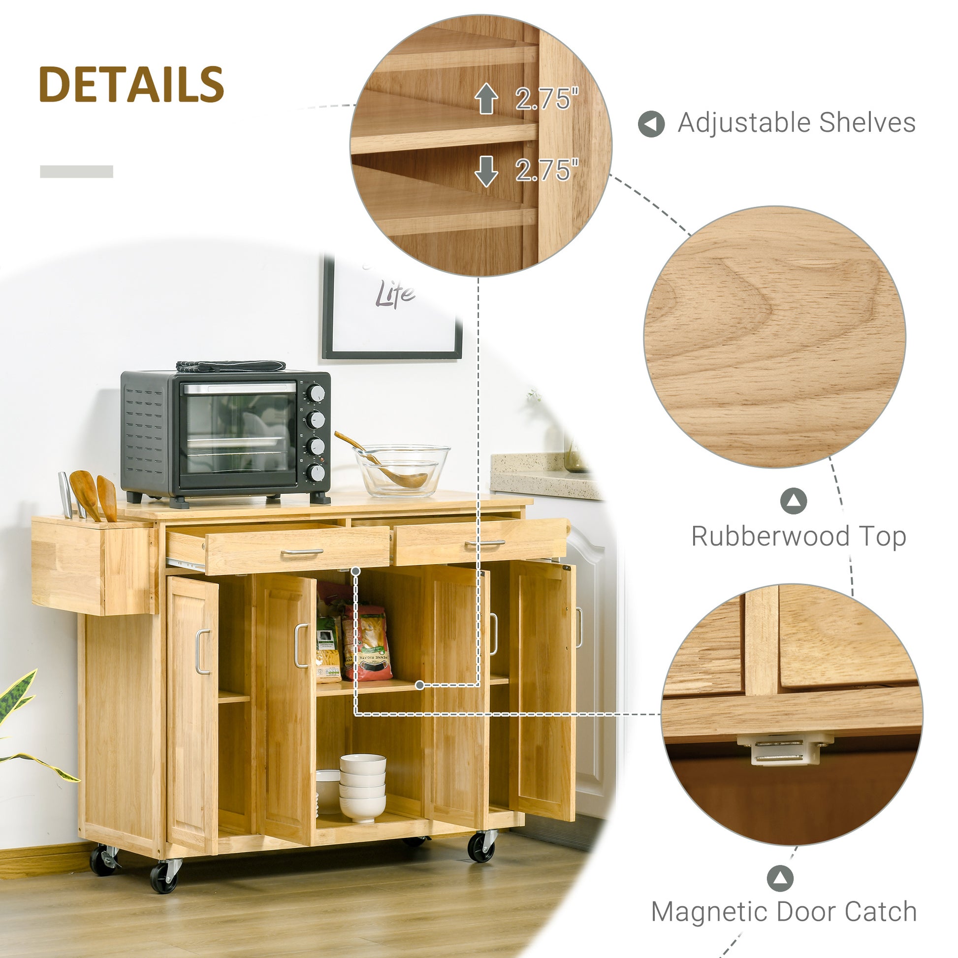 Kitchen Island On Wheels, Natural Hardwood Kitchen Cart With Drawers, Storage Cabinets, And Tool Caddy, Microwave Cart For Dining Room, 54 Inches Wide Natural Wood Rubber Wood