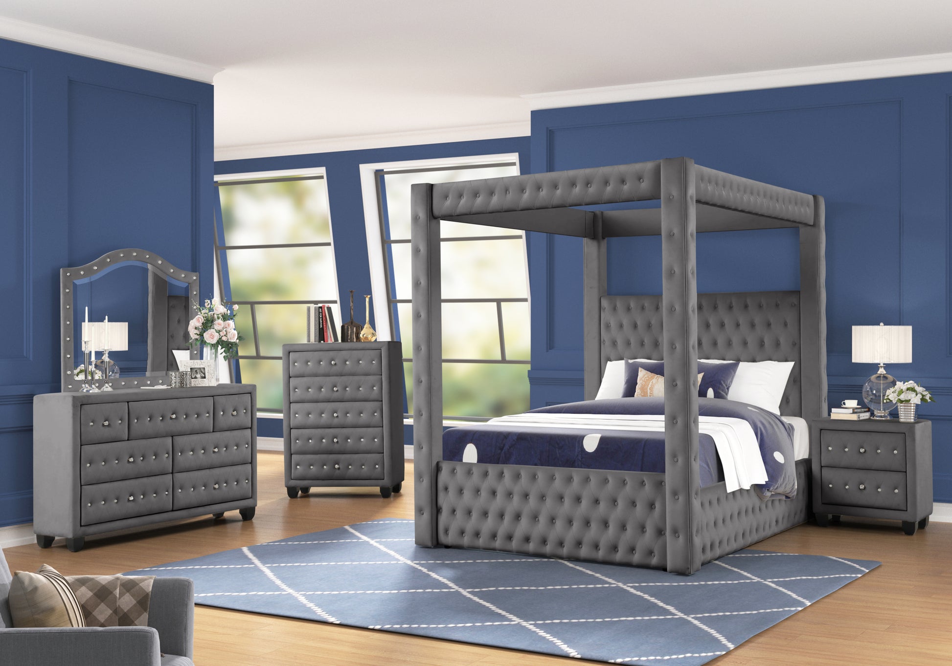 Monica Luxurious Four Poster Queen Bed Made With Wood In Gray Box Spring Not Required Queen Gray Wood Bedroom Modern Upholstered Velvet Wood