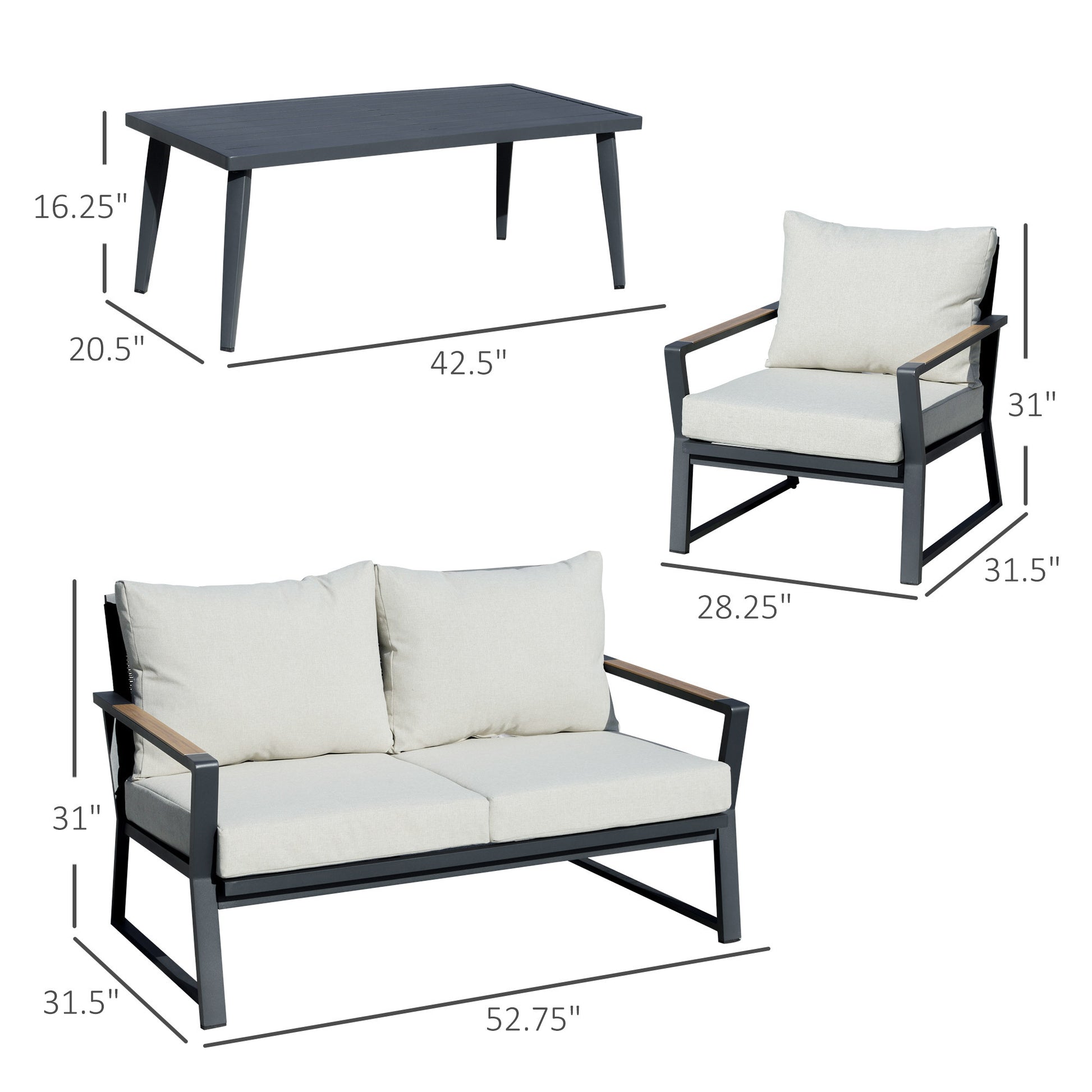 4 Piece Patio Furniture Set, Aluminum Conversation Set, Outdoor Garden Sofa Set With Armchairs, Loveseat, Center Coffee Table And Cushions, Cream White White Metal