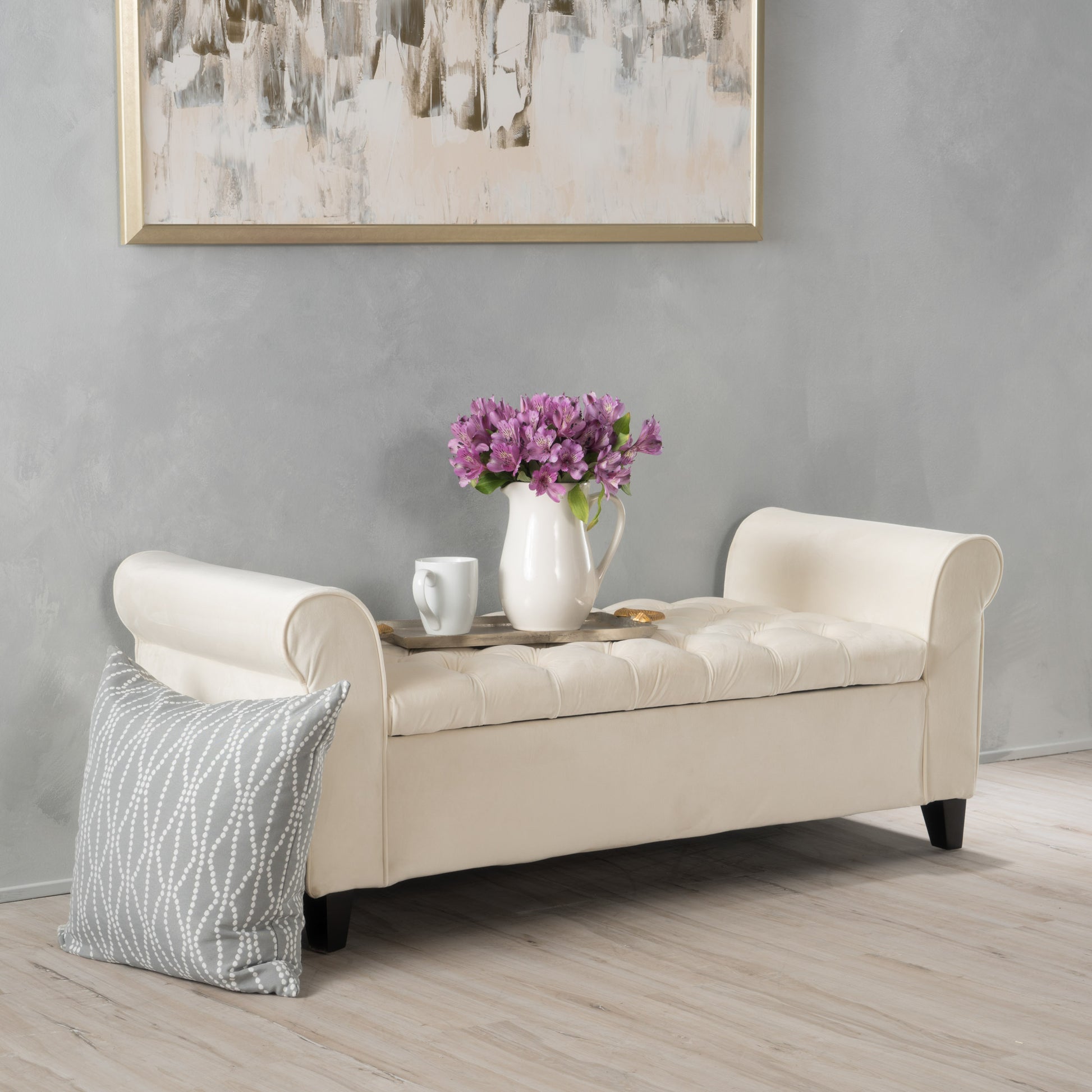 Hayes Armed Storage Bench Ivory Velvet