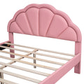 Queen Size Upholstered Platform Bed With Seashell Shaped Headboard, Led And 2 Drawers, Pink Box Spring Not Required Queen Pink Wood Bedroom Bed Frame Faux Leather Upholstered