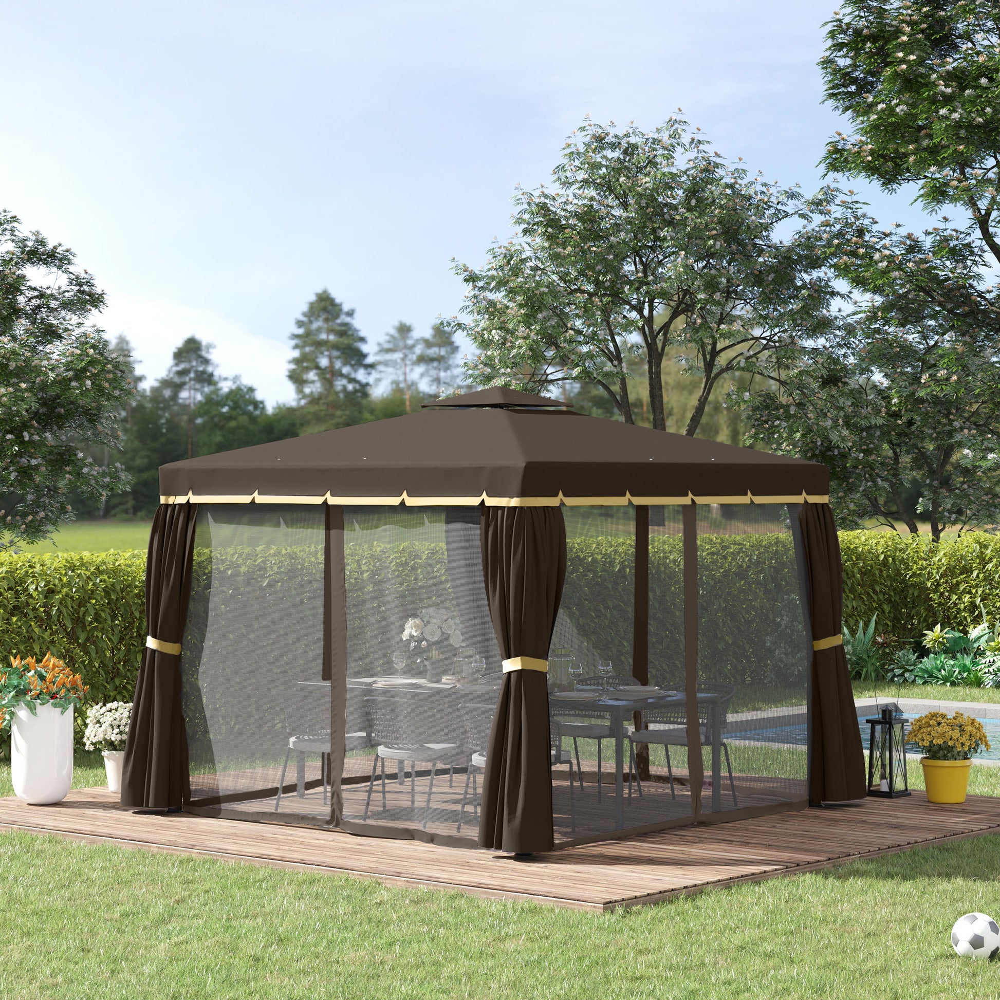 10' X 10' Patio Gazebo, Aluminum Frame Double Roof Outdoor Gazebo Canopy Shelter With Netting & Curtains, For Garden, Lawn, Backyard And Deck, Coffee Coffee Polyester